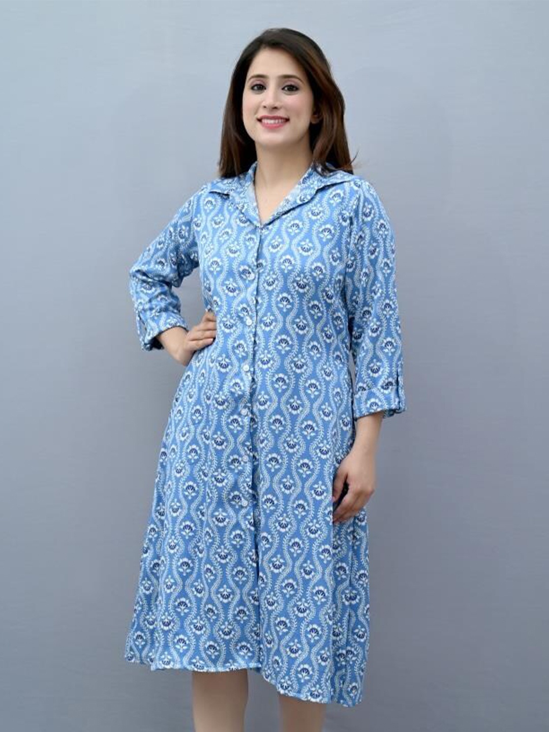 

CRAZEVILLA Ethnic Motifs Printed Shirt Collar Roll-Up Sleeves Shirt Midi Dress, Blue