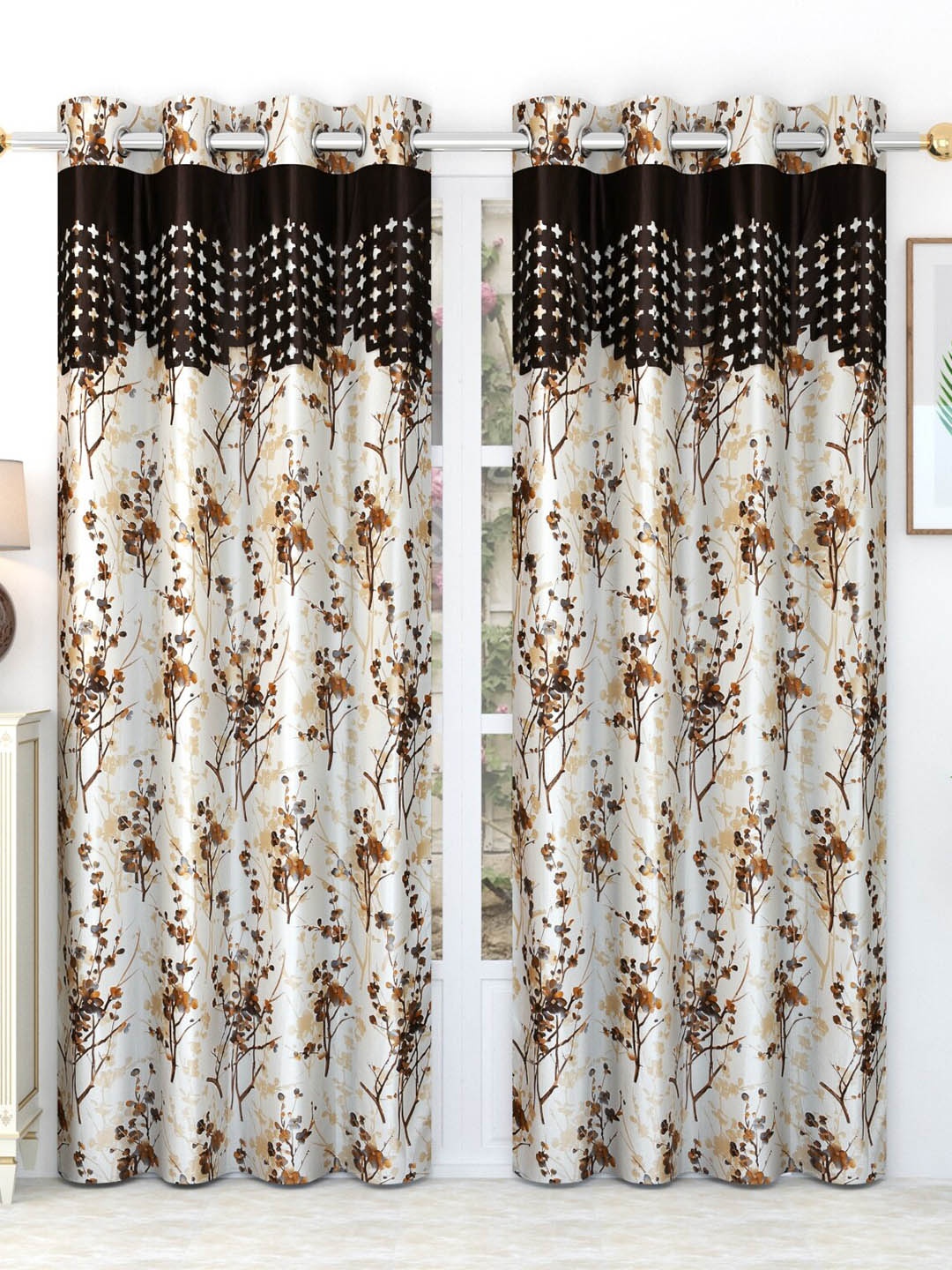 

EISMOURAH 2 Pcs Cream-Coloured & Brown Floral Room Darkening Door Curtain