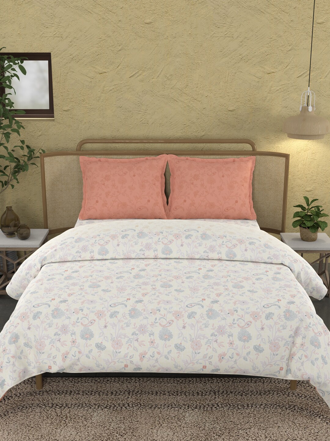 

MYTRIDENT Peach Floral Printed Cotton King Size Bedding Set