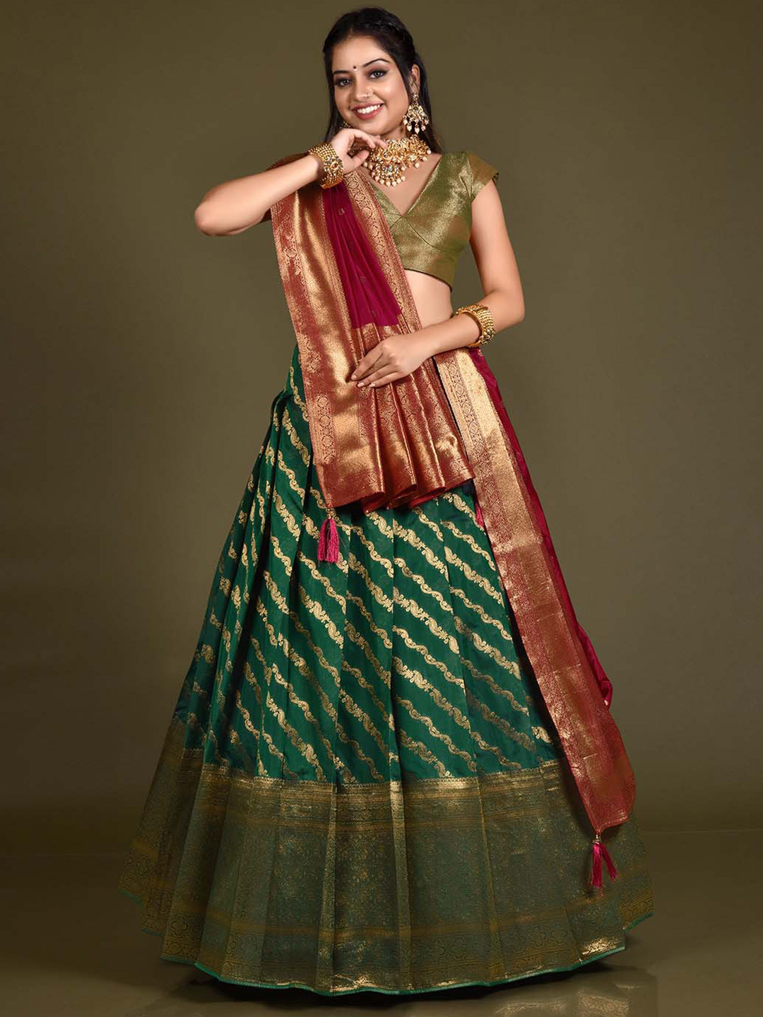 

HALFSAREE STUDIO Woven Design Semi-Stitched Lehenga & Unstitched Blouse With Dupatta, Green