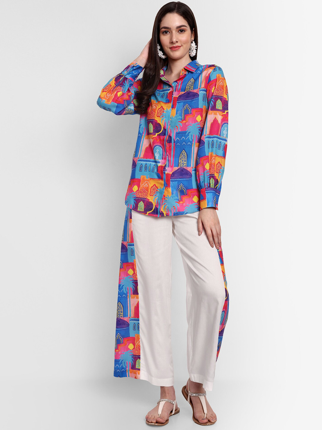 

TYAAR Printed Pure Cotton Shirt With Flared Trousers, Blue