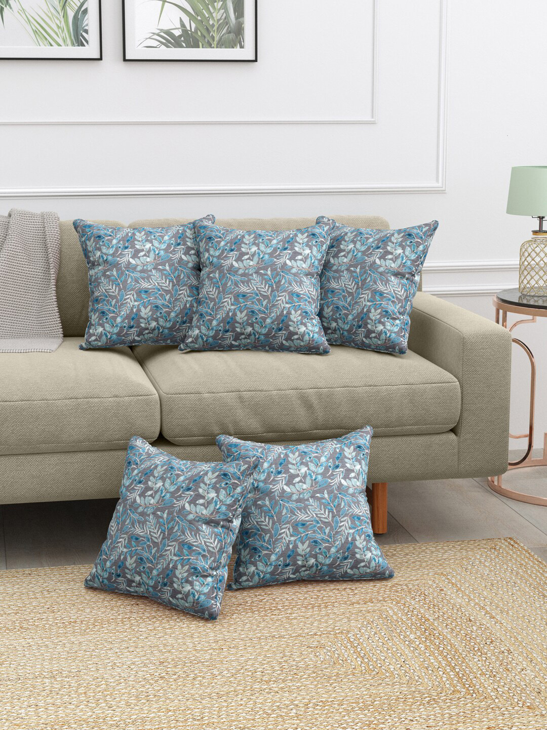 

Clasiko Sanskriti Grey & Blue 5 Pieces Floral Square Cotton Cushion Covers