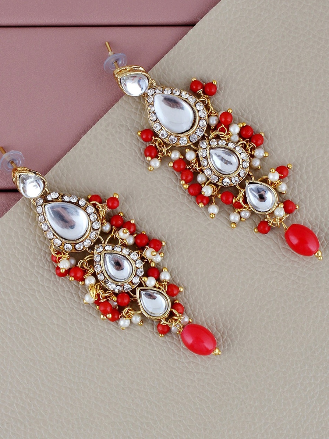 

LUCKY JEWELLERY Gold Plated Drop Earrings, Red