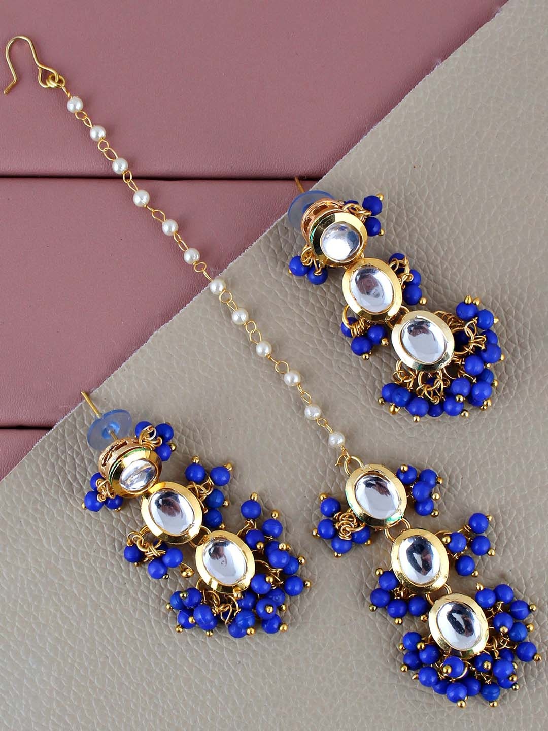 

LUCKY JEWELLERY Set Of 2 18k Gold Plated Kundan Studded Maang Tika And Earrings, Blue