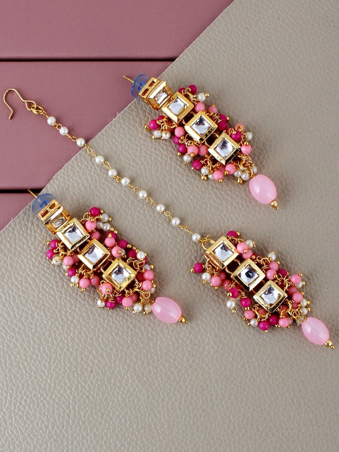 

LUCKY JEWELLERY Gold-Plated Kundan-Studded Drop Earrings With Maang Tikka