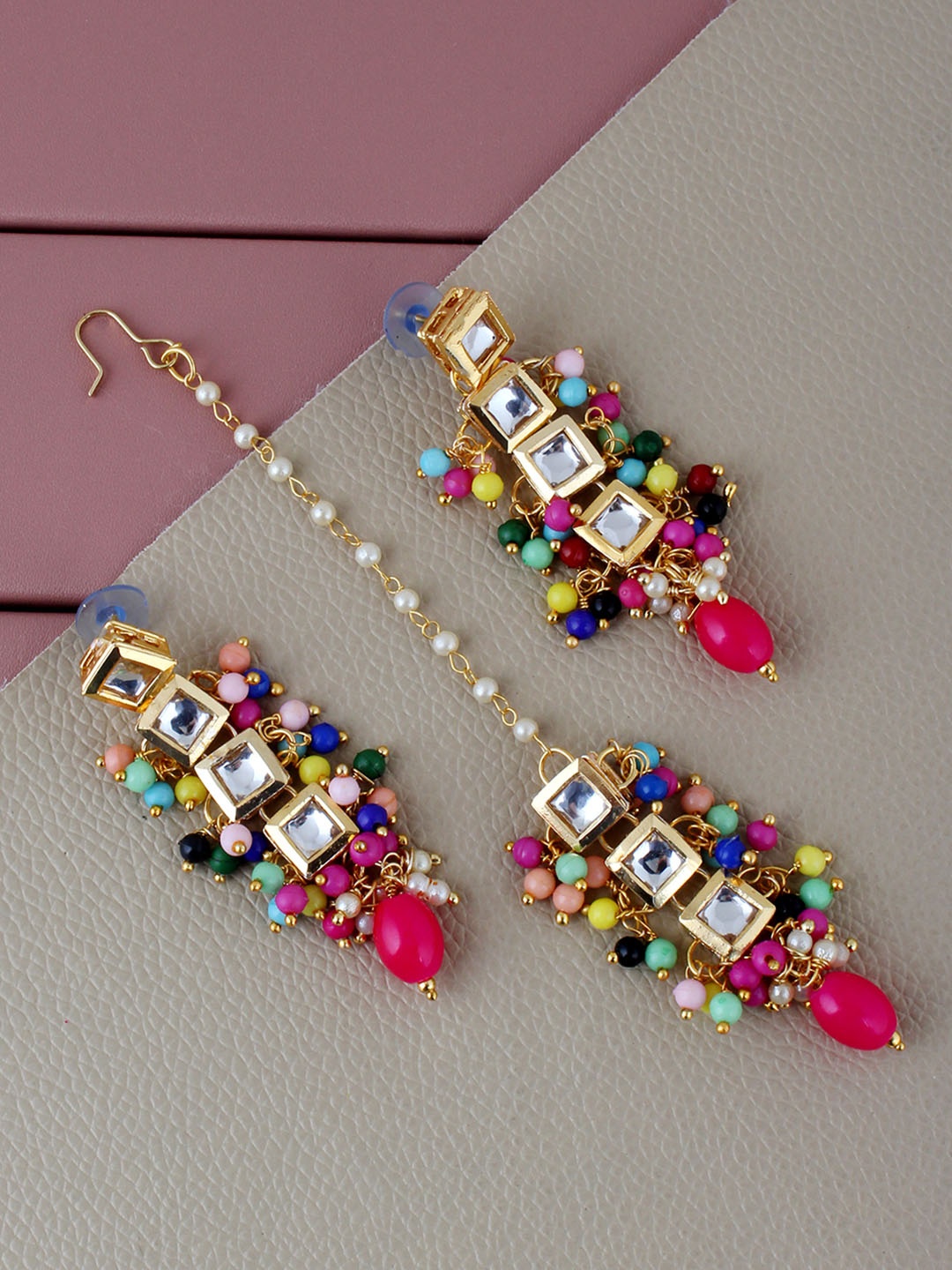 

LUCKY JEWELLERY Gold-Plated Kundan Studded Maang Tika & Earrings