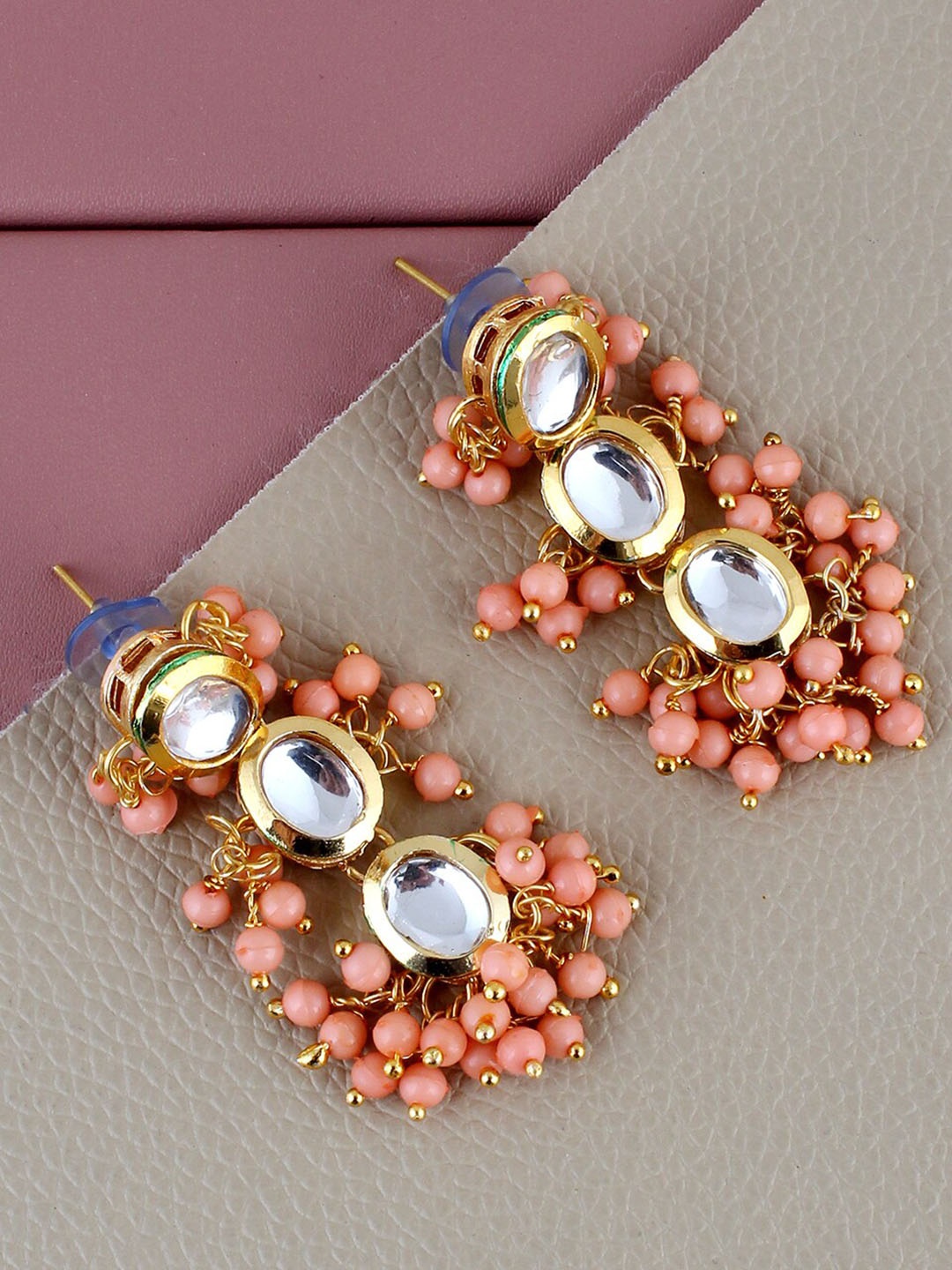 

LUCKY JEWELLERY Gold-Plated Kundan Oval Drop Earrings