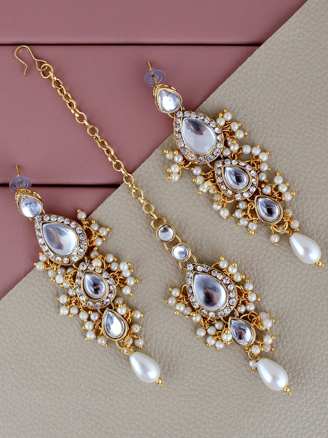 

LUCKY JEWELLERY Gold Plated Kundan Maang Tika & Earrings