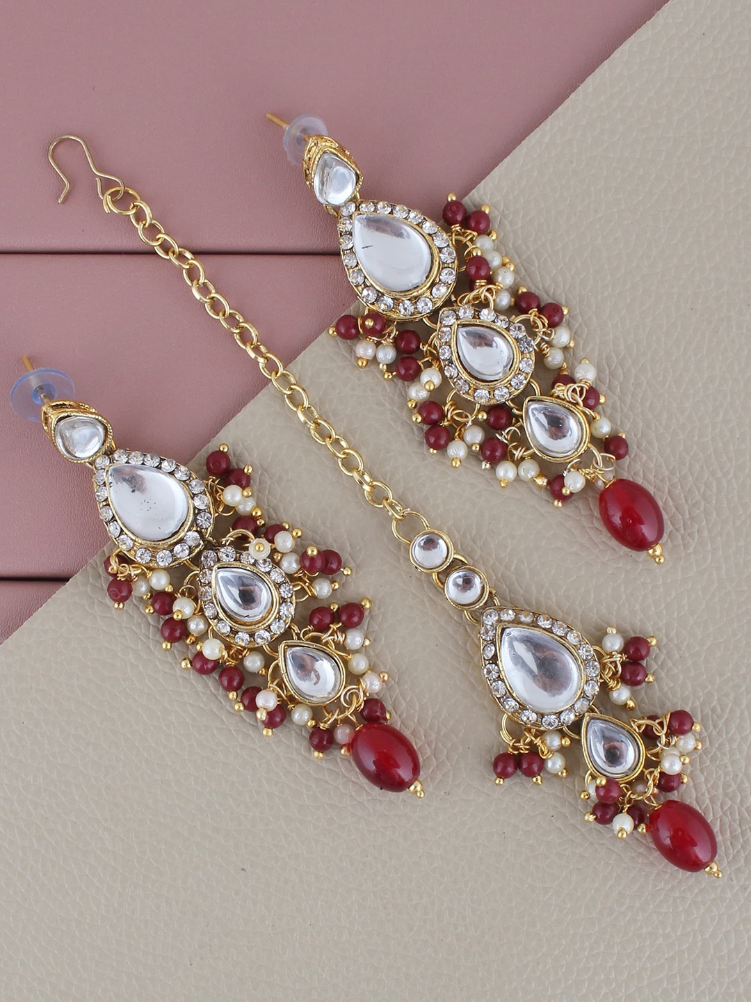 

LUCKY JEWELLERY Gold-Plated Maang Tika and Earrings, Maroon