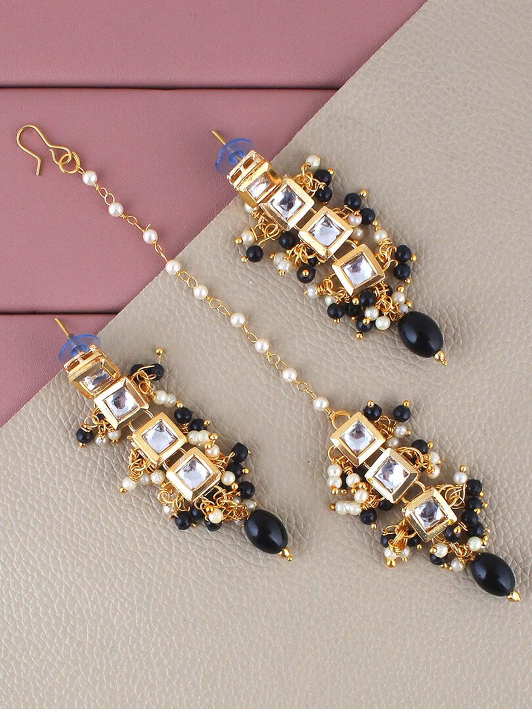 

LUCKY JEWELLERY Gold-Plated Kundan-Studded Drop Earrings With Maang Tikka, Black