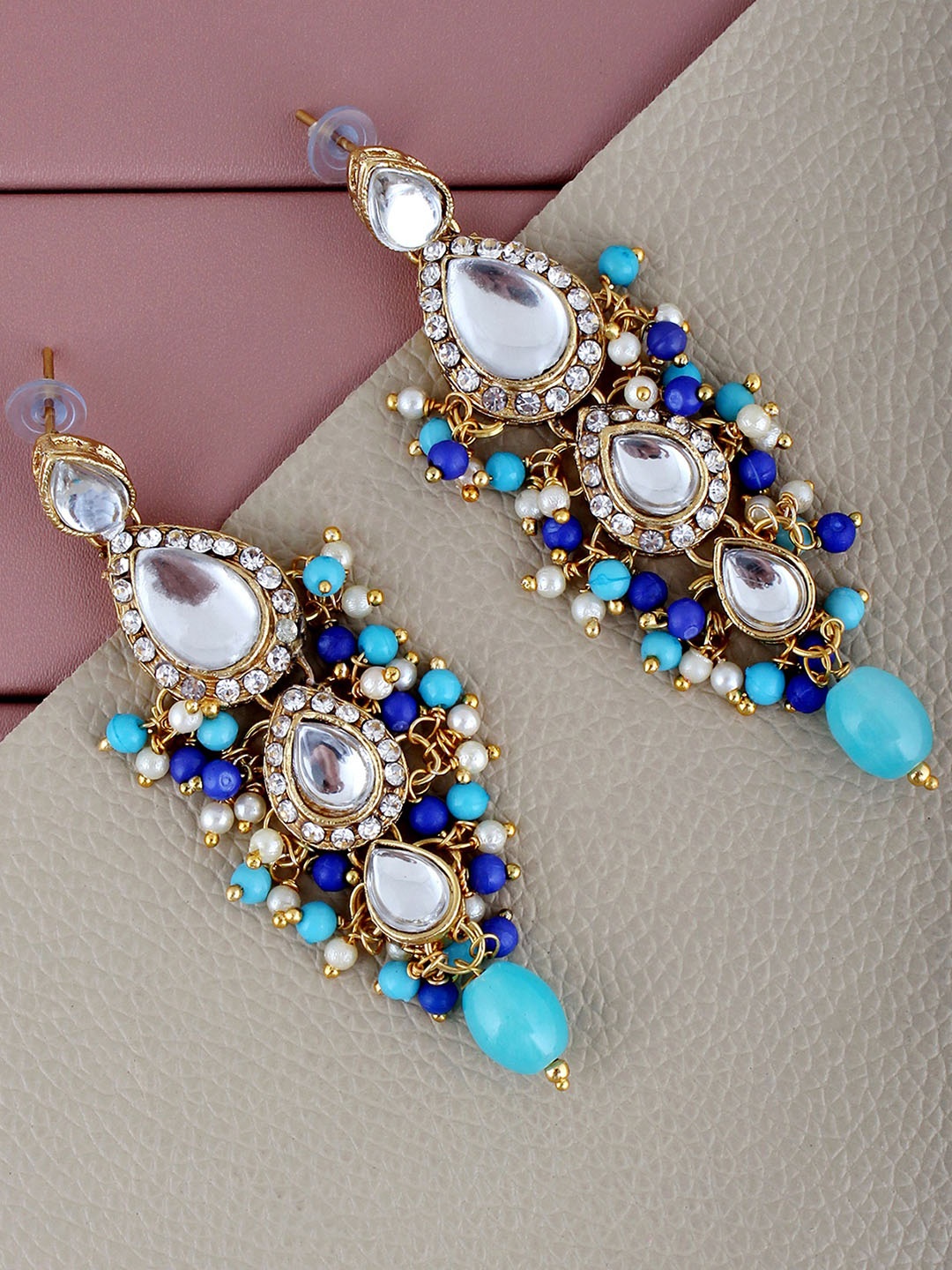 

LUCKY JEWELLERY Gold-Plated Kundan-Studded Leaf Shaped Drop Earrings