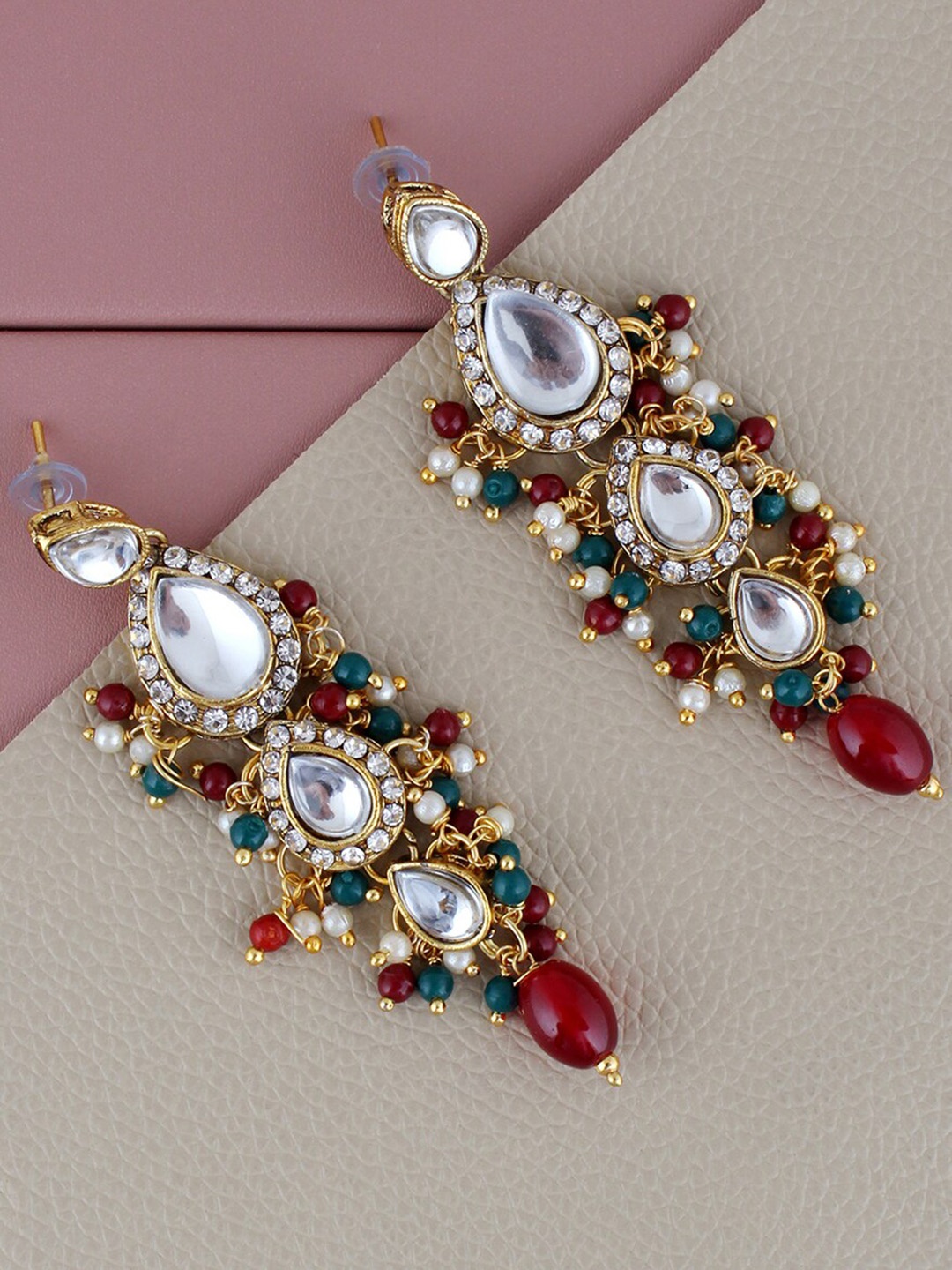 

LUCKY JEWELLERY Gold-Plated Contemporary Kundan Studded Drop Earrings