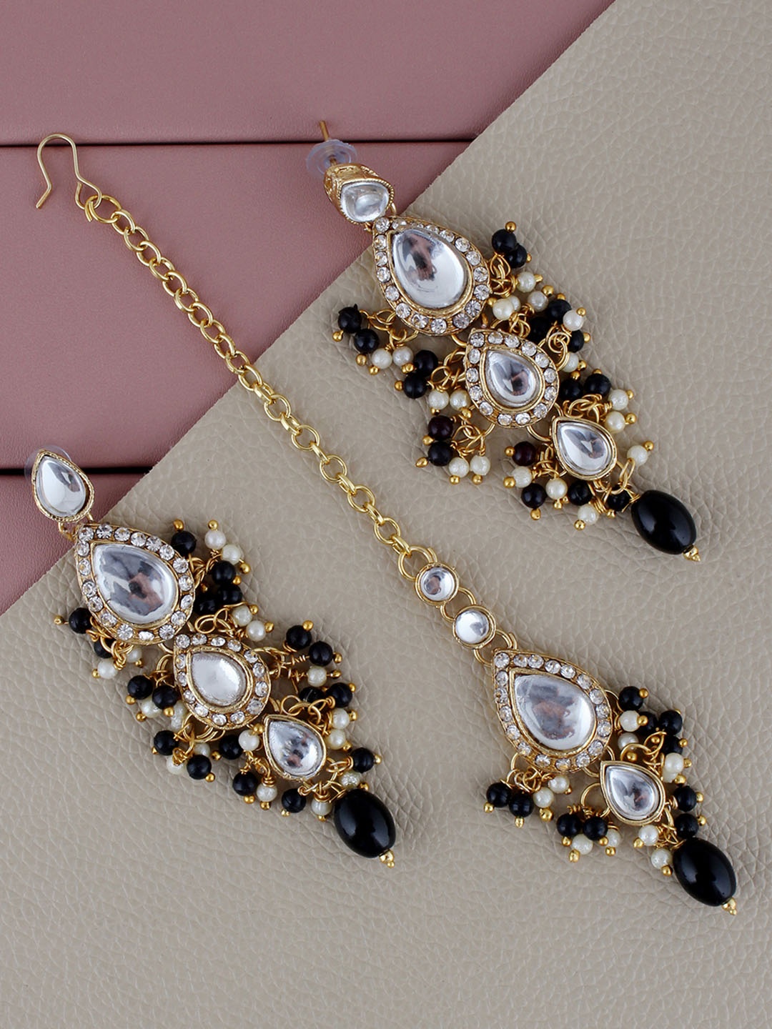 

LUCKY JEWELLERY Gold-Plated Kundan Studded Maang Tika & Earrings