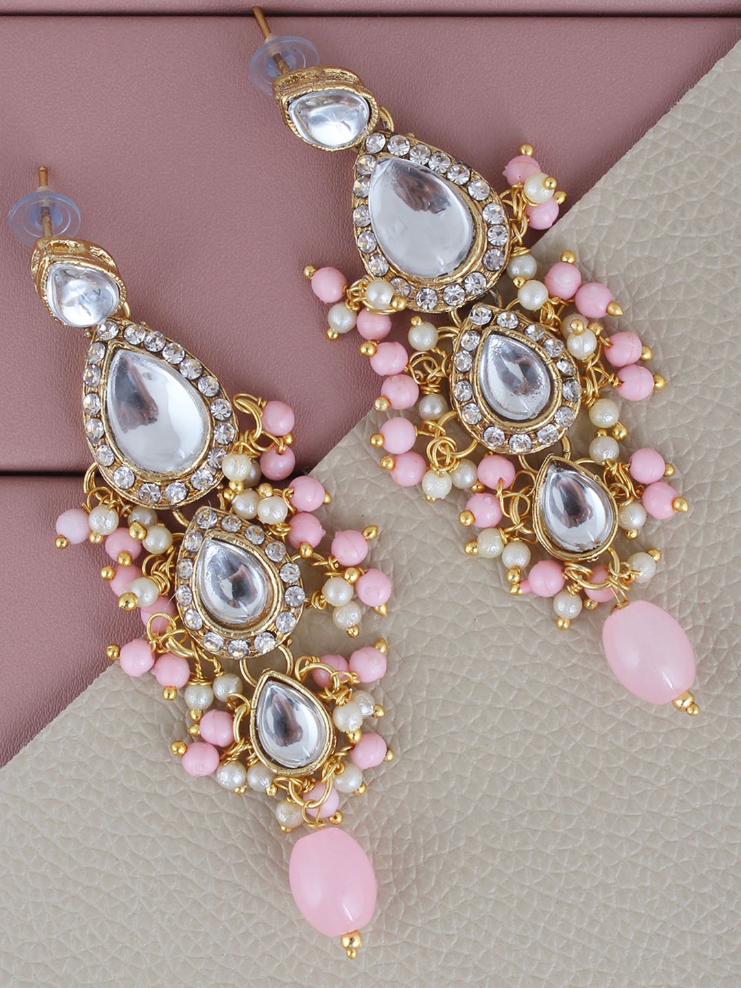 

LUCKY JEWELLERY Gold-Plated Kundan-Studded Leaf Shaped Drop Earrings