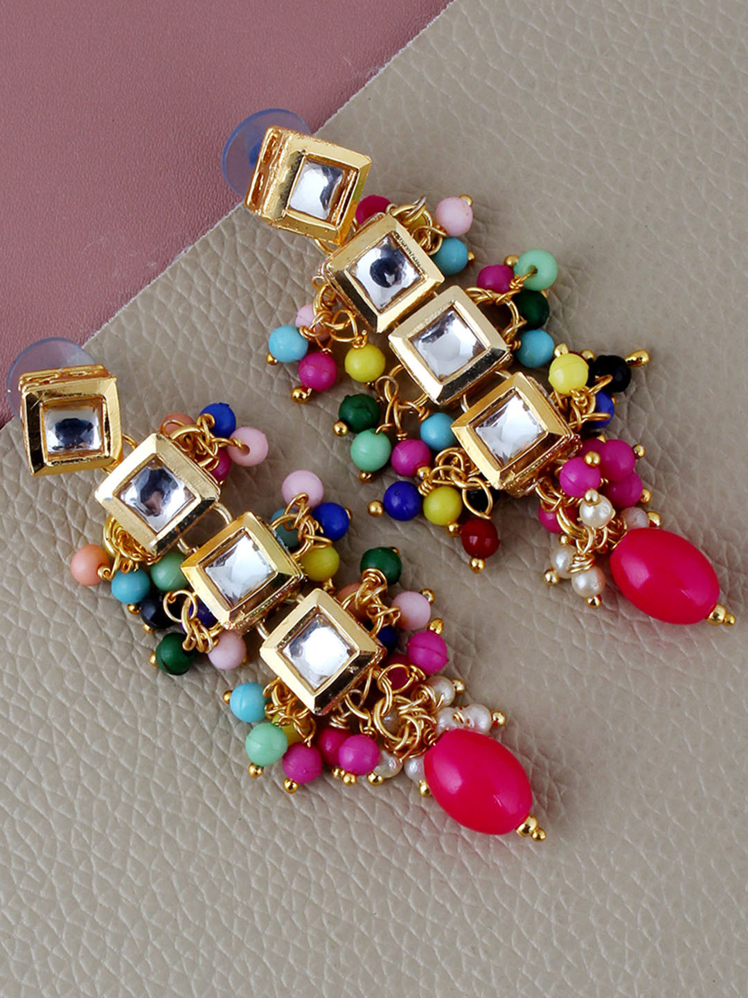

LUCKY JEWELLERY Gold-Plated Kundan-Studded Square Drop Earrings