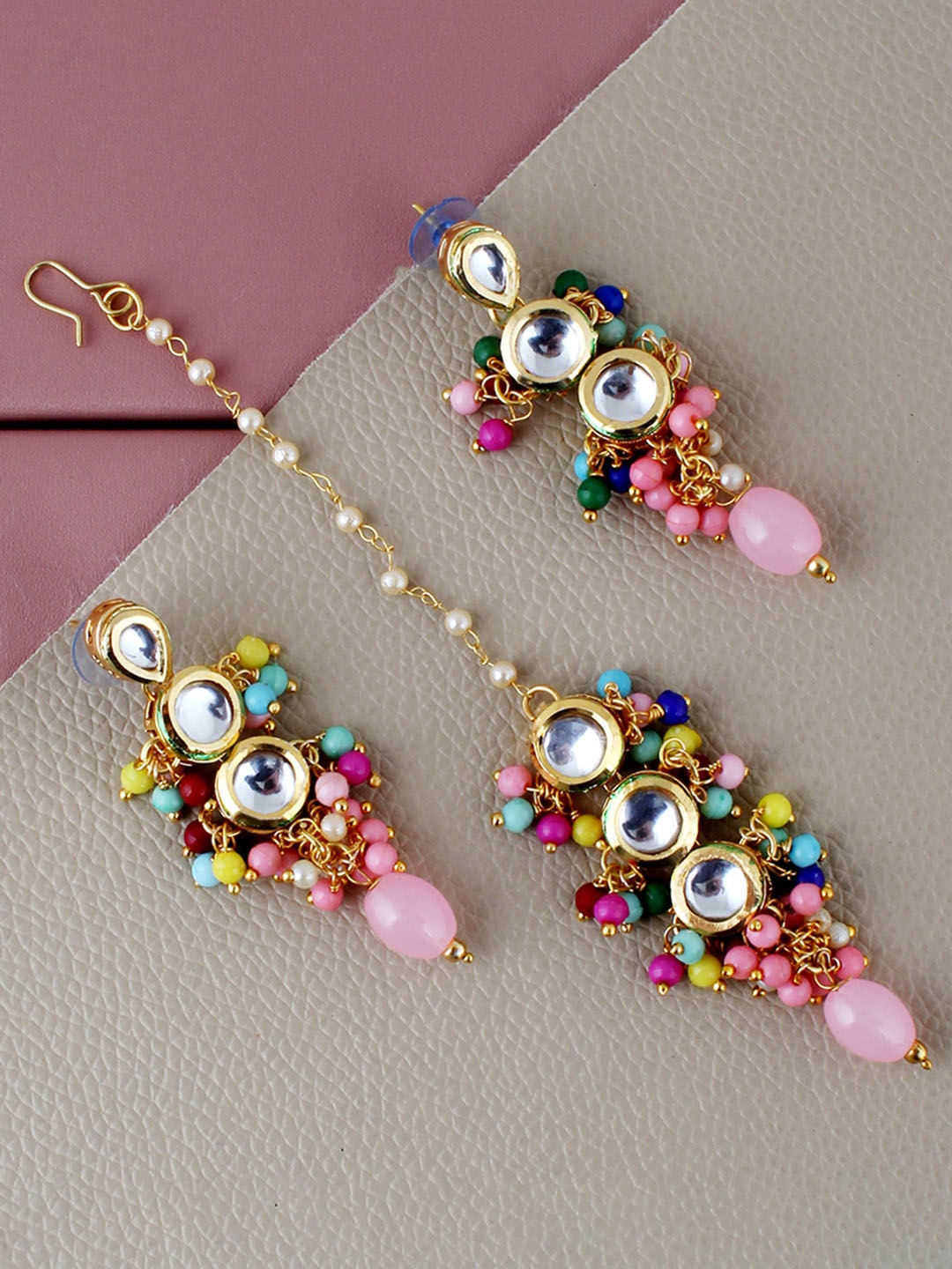 

LUCKY JEWELLERY Gold-Plated Kundan Studded Maang Tika & Earrings