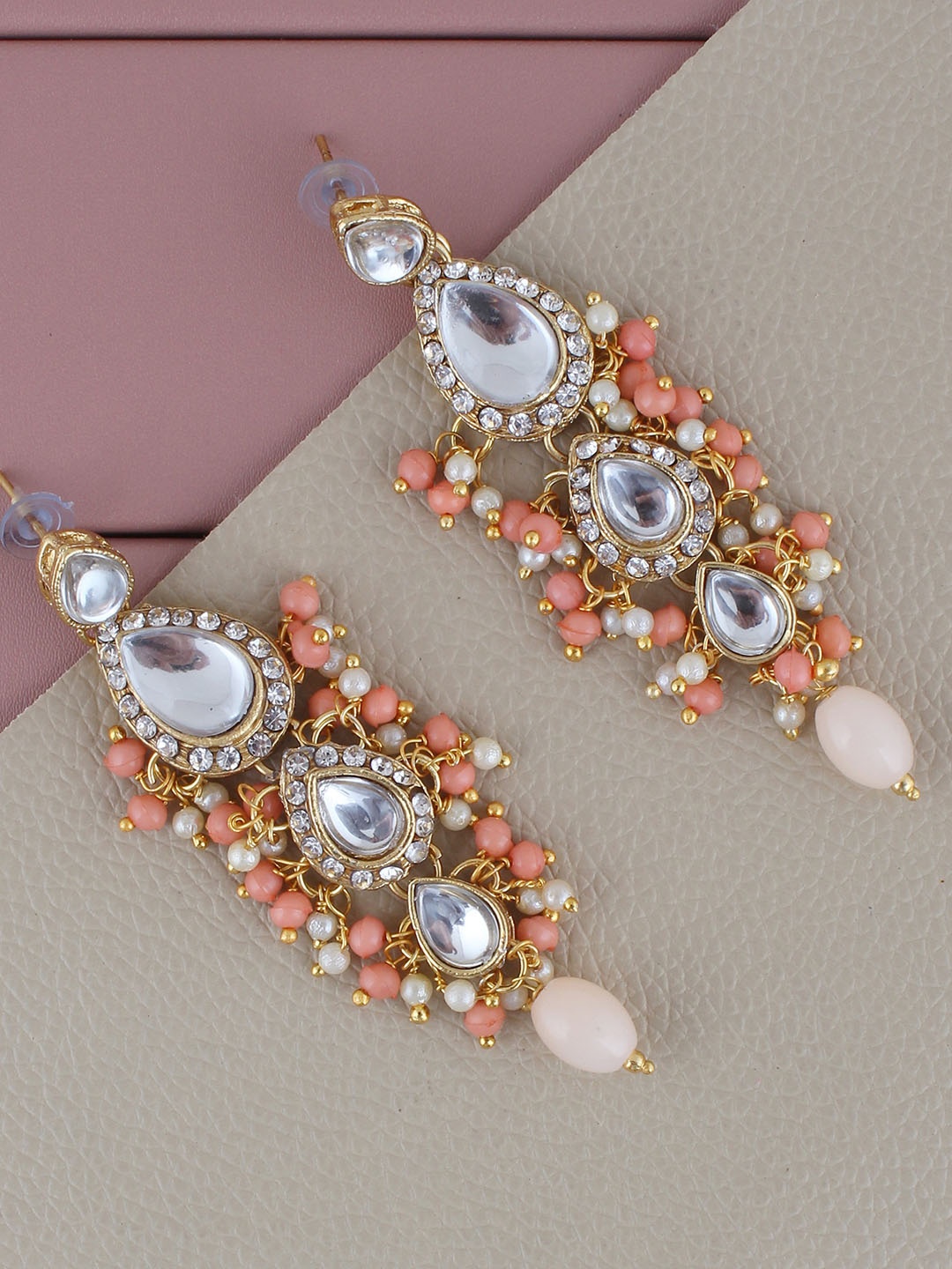 

LUCKY JEWELLERY Gold-Plated Kundan-Studded Leaf Shaped Drop Earrings