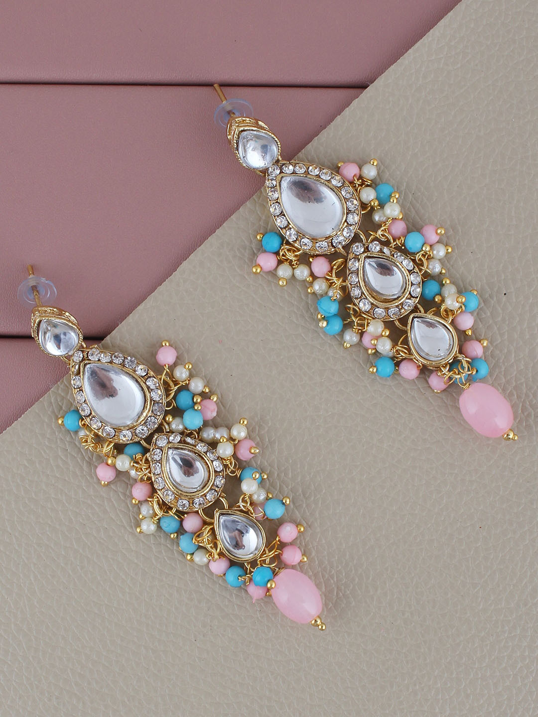 

LUCKY JEWELLERY Gold-Plated Contemporary Kundan Studded Drop Earrings