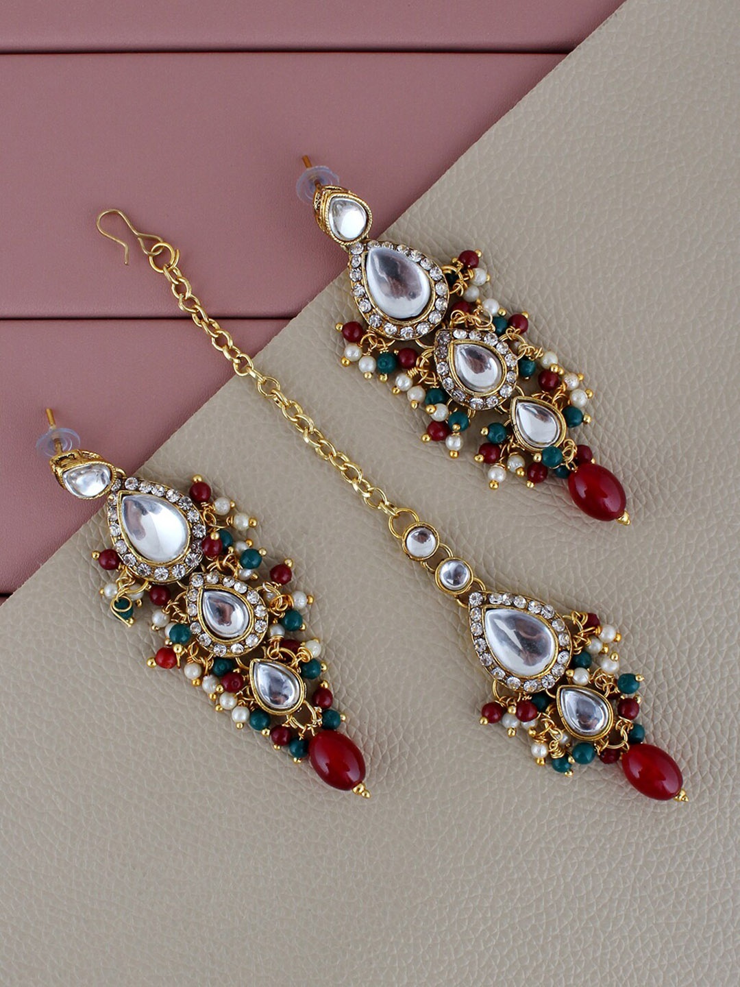 

LUCKY JEWELLERY Gold-Plated Kundan-Studded Jewellary Set, Maroon