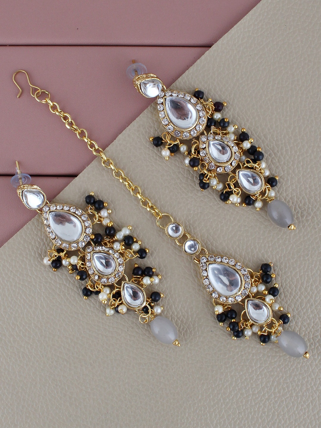 

LUCKY JEWELLERY Gold Plated Kundan Maang Tika & Earrings
