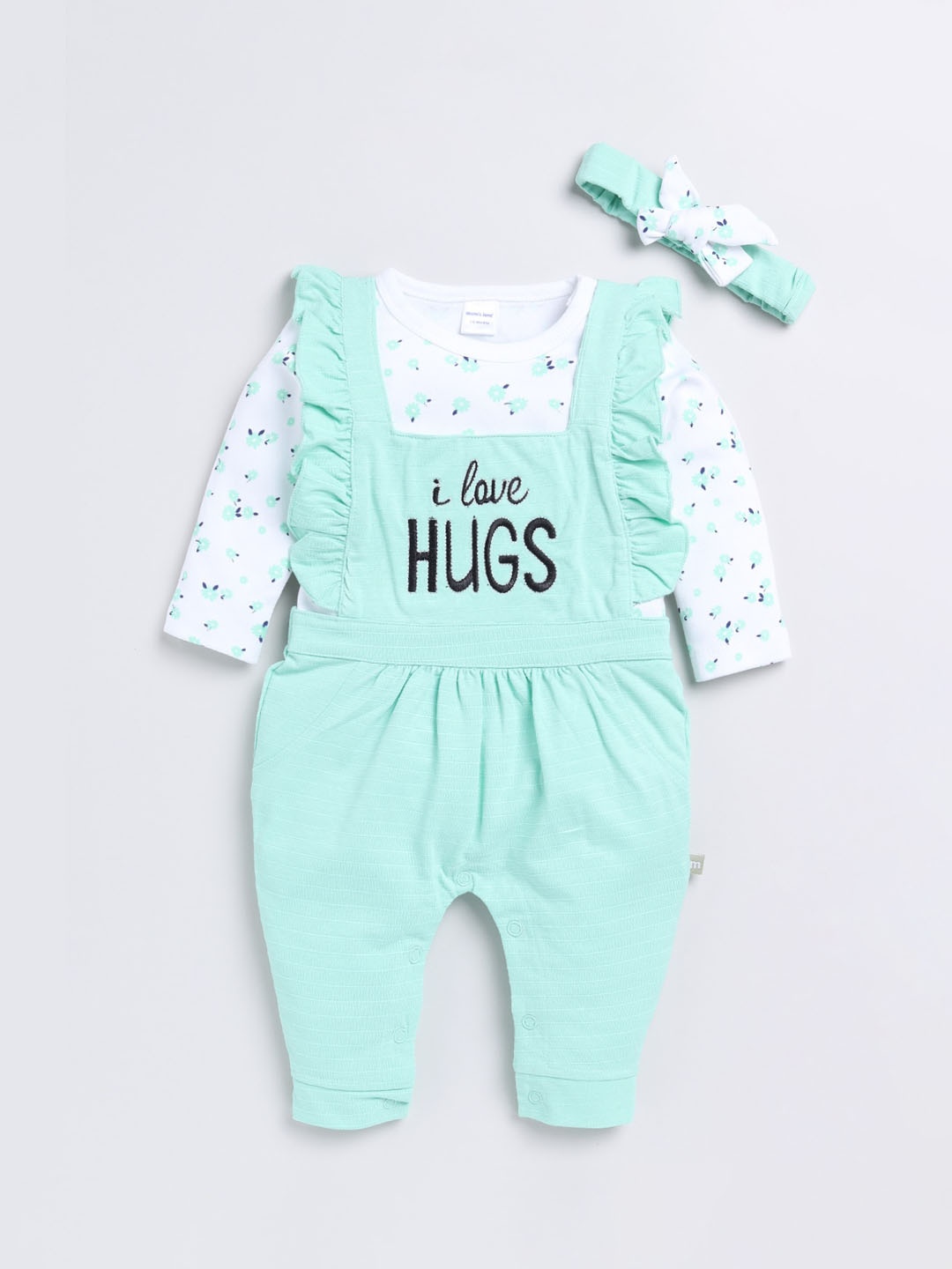 

Moms Love Infant Girls Typography Printed Dungaree With T-Shirt, Sea green