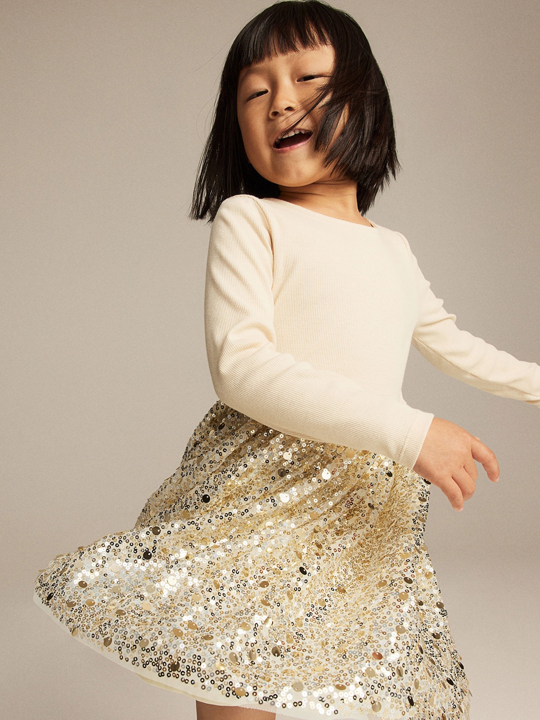 

H&M Girls Sequined Jersey Dress, Beige