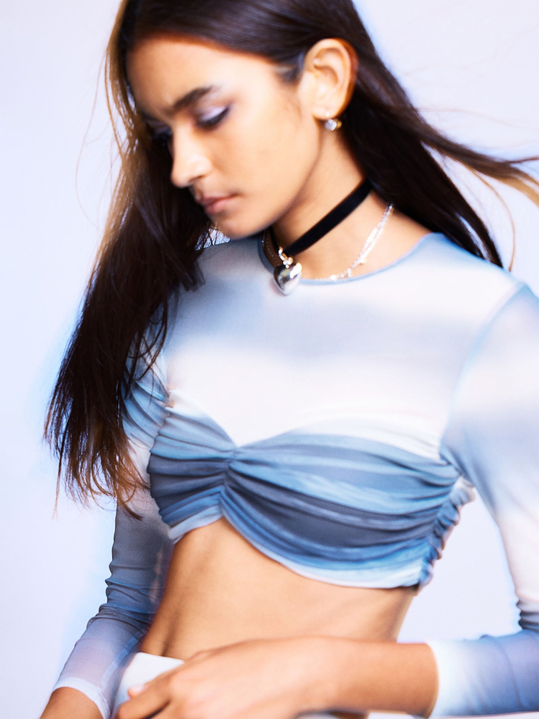 

H&M Gathered Mesh Crop Top, Blue