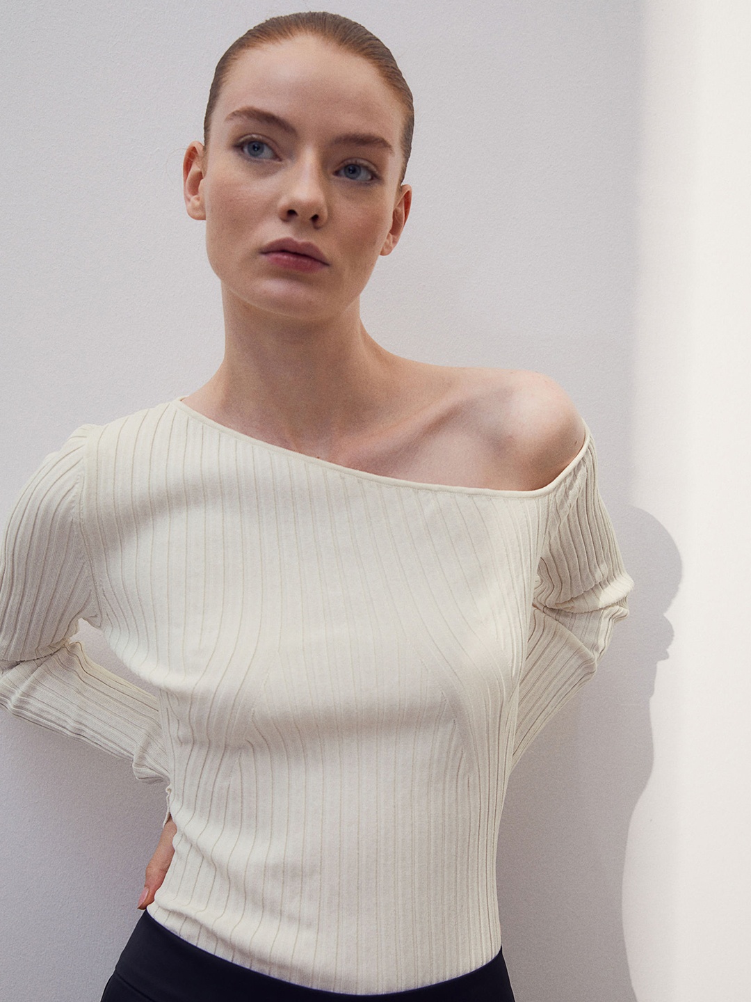 

H&M Rib-Knit One-Shoulder Top, White