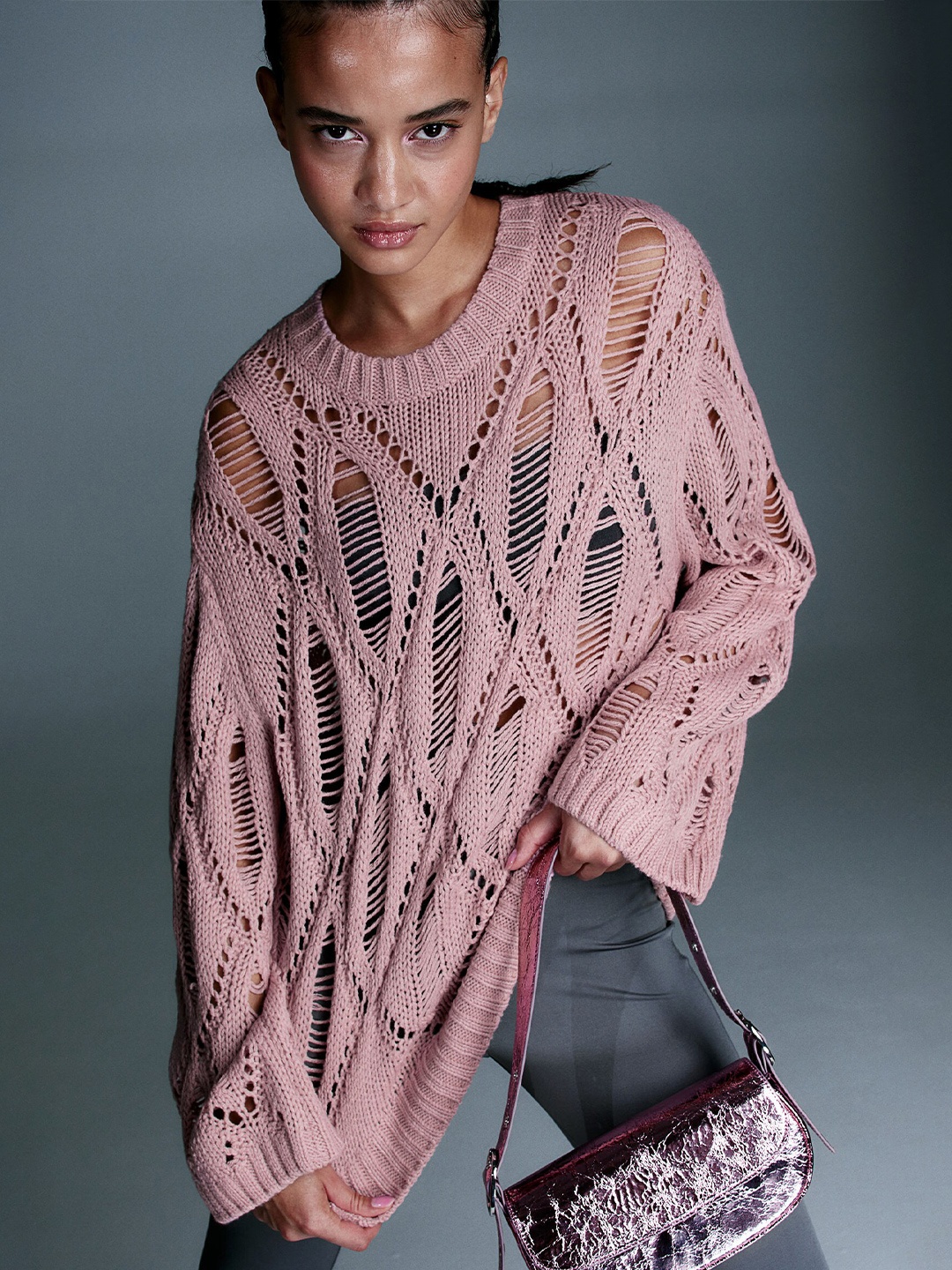 

H&M Acrylic Ladder Stitch-Look Jumper, Pink