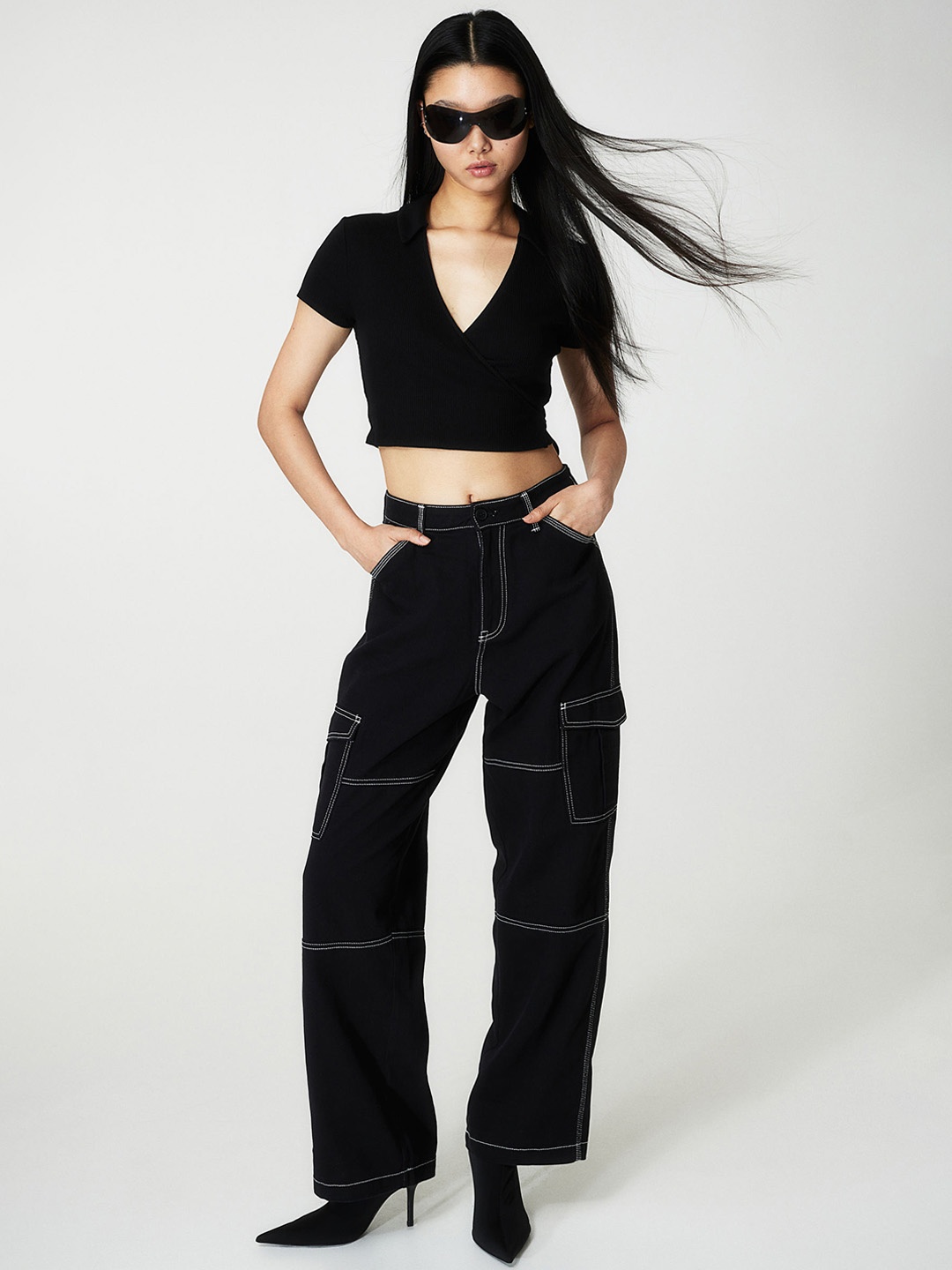 

H&M Pure Cotton Twill Cargo Trousers, Black