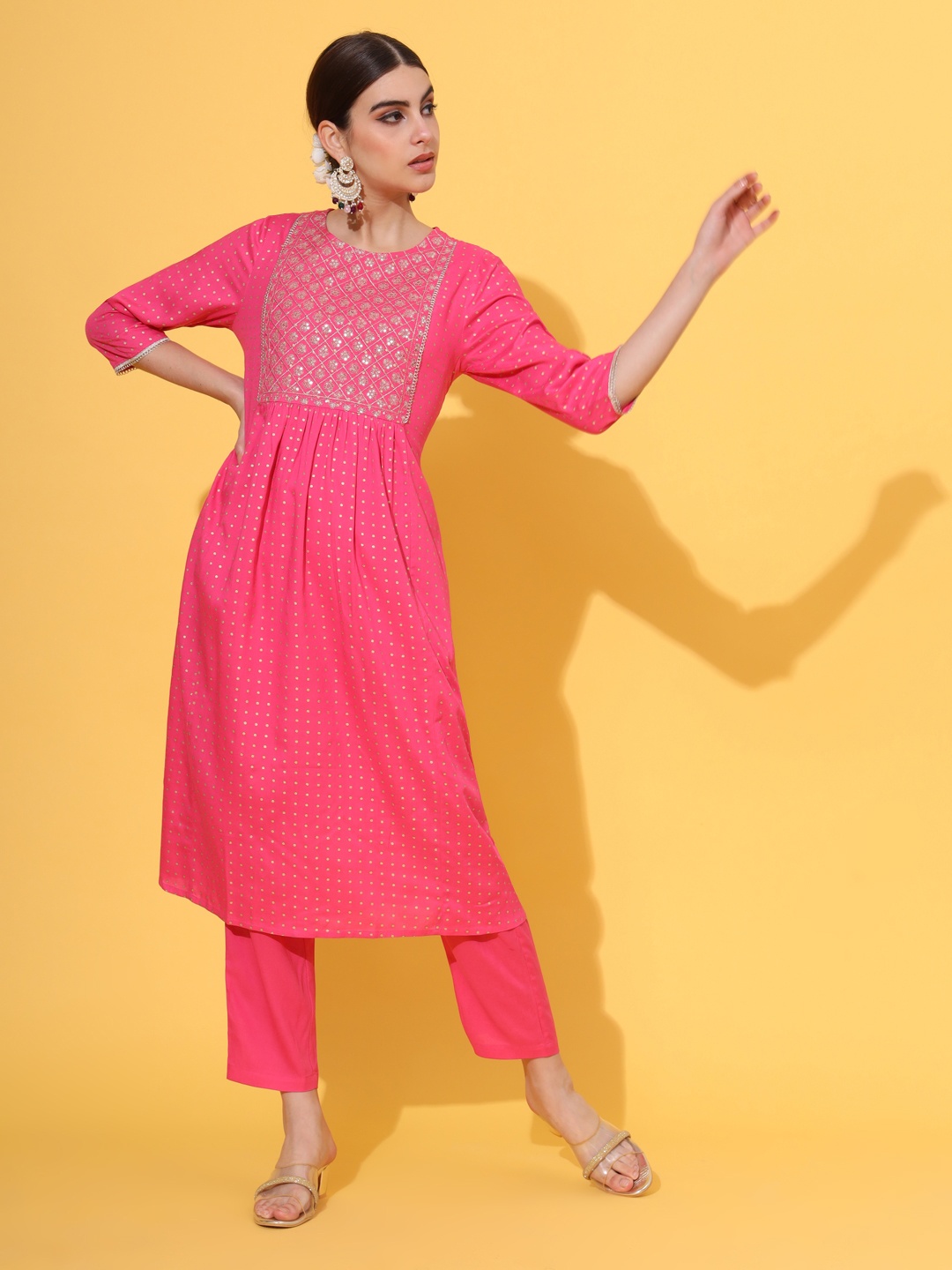 

Sutidora Geometric Printed Empire Mirror Work A-Line Kurta with Trousers, Pink