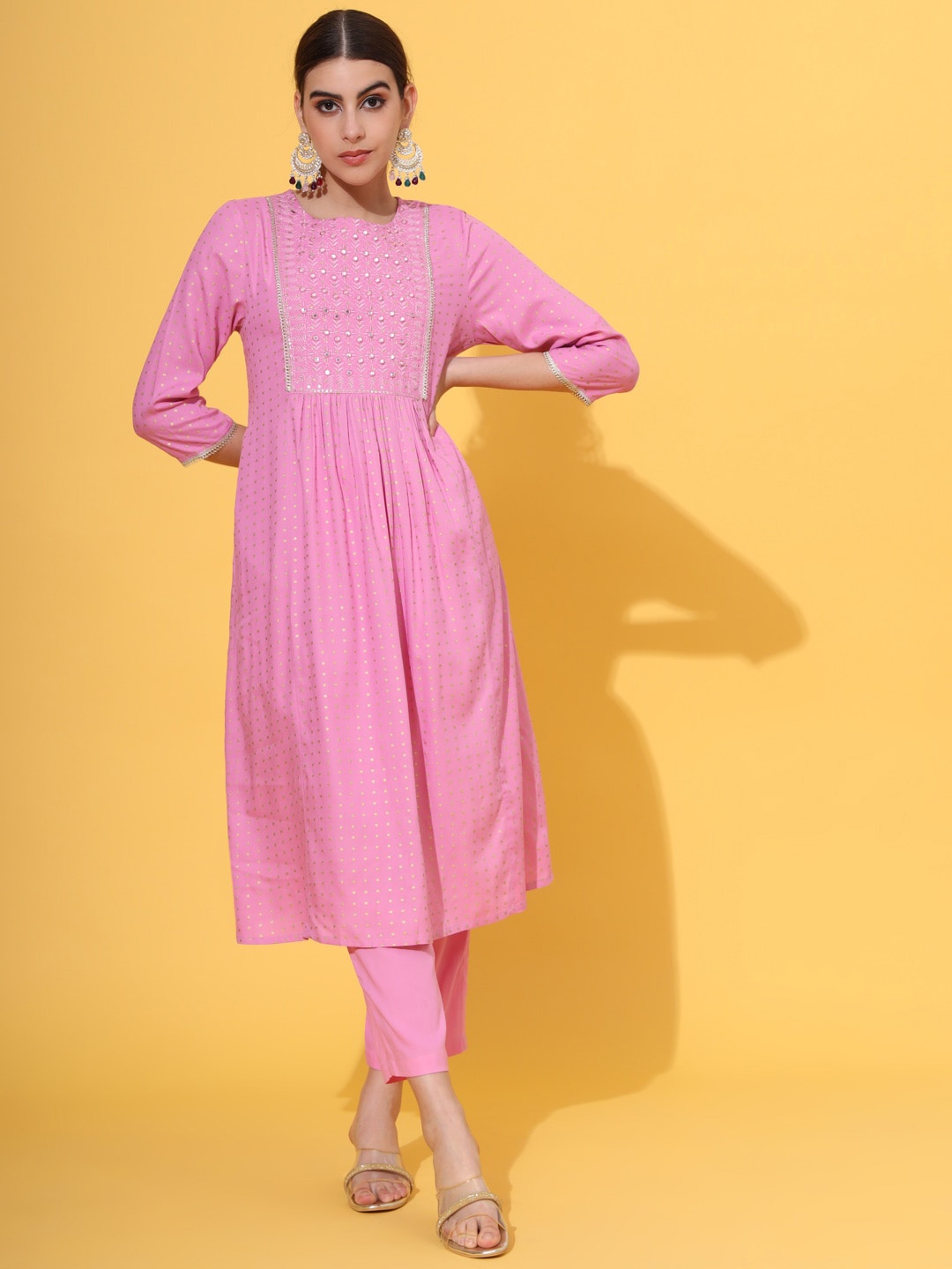 Sutidora Geometric Foil Printed Regular Thread Work A-Line Kurta with Trousers, Pink