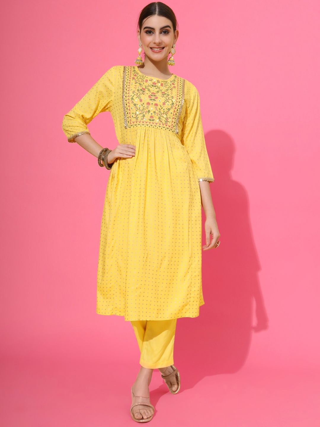 

Sutidora Ethnic Motifs Embroidered Empire Thread Work Kurta with Trousers, Mustard