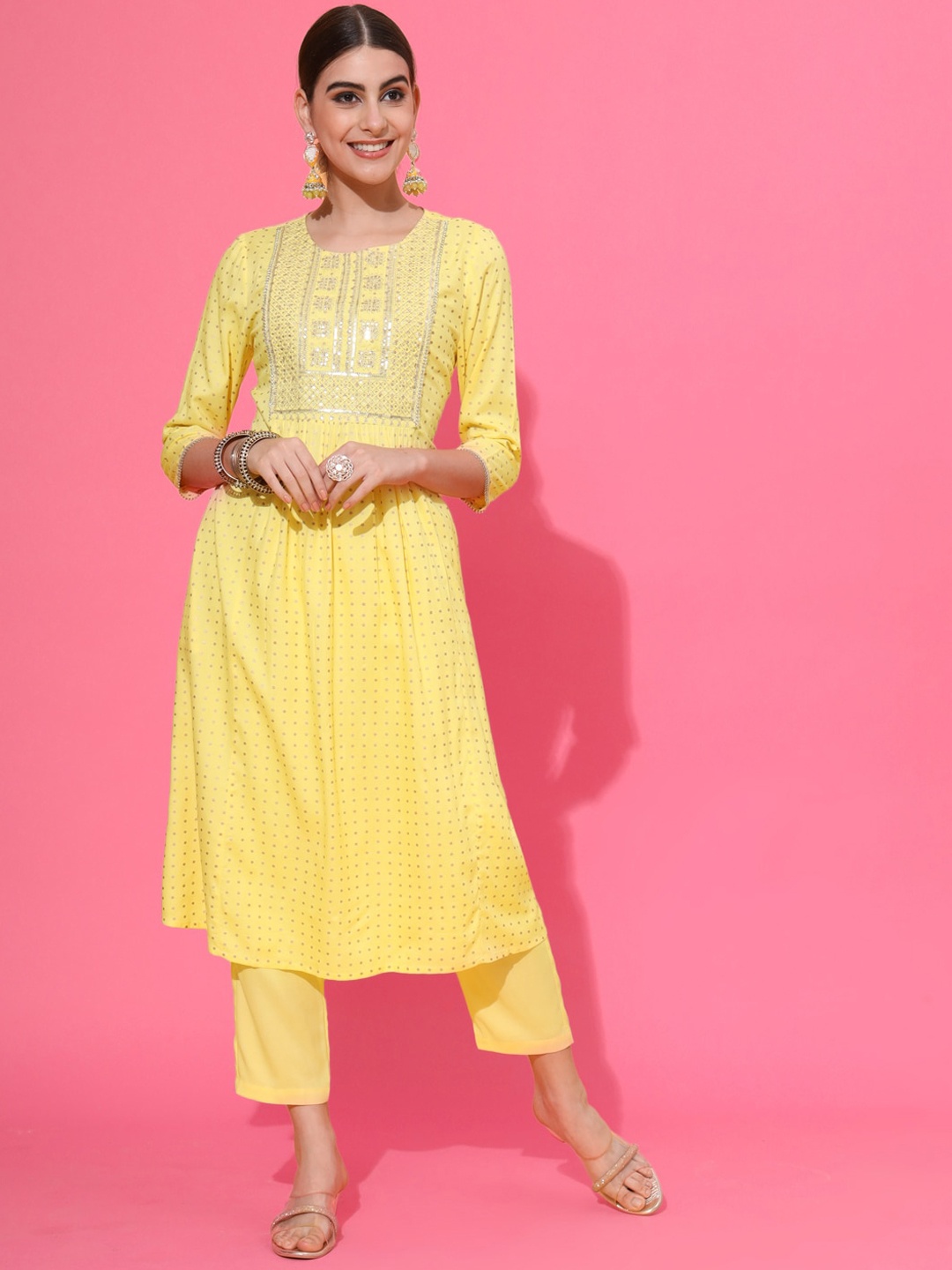 

Sutidora Ethnic Motifs Embroidered Thread Work Kurta with Trousers, Yellow