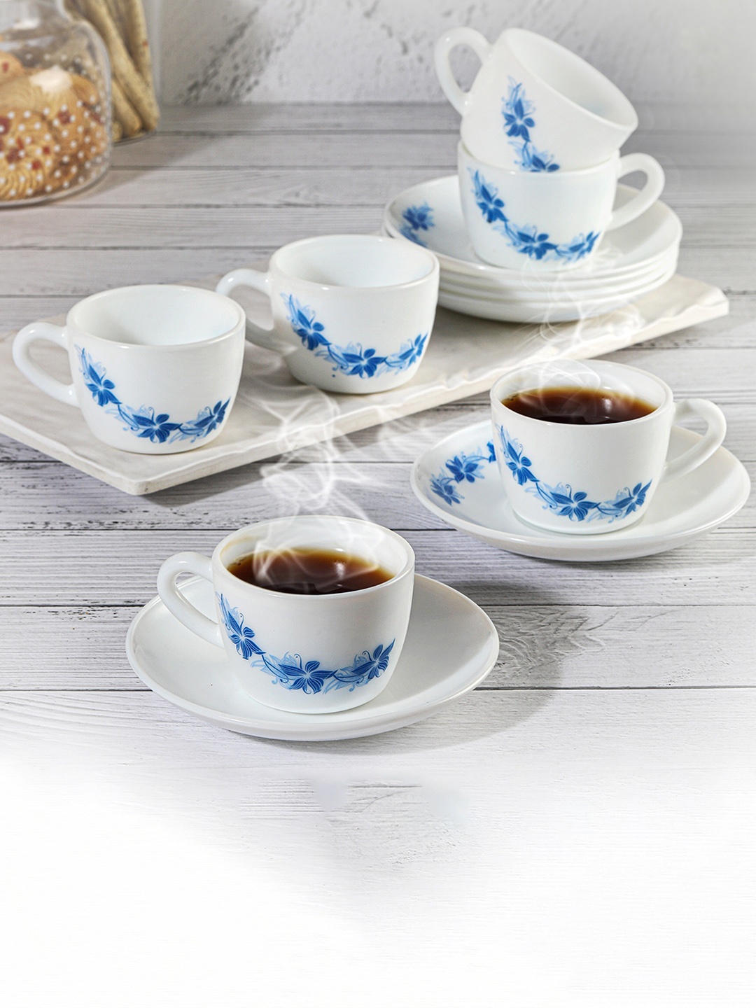 

Cello Dazzle 6 Pcs White & Blue Floral Printed Cups and Saucers - 130 ML Each