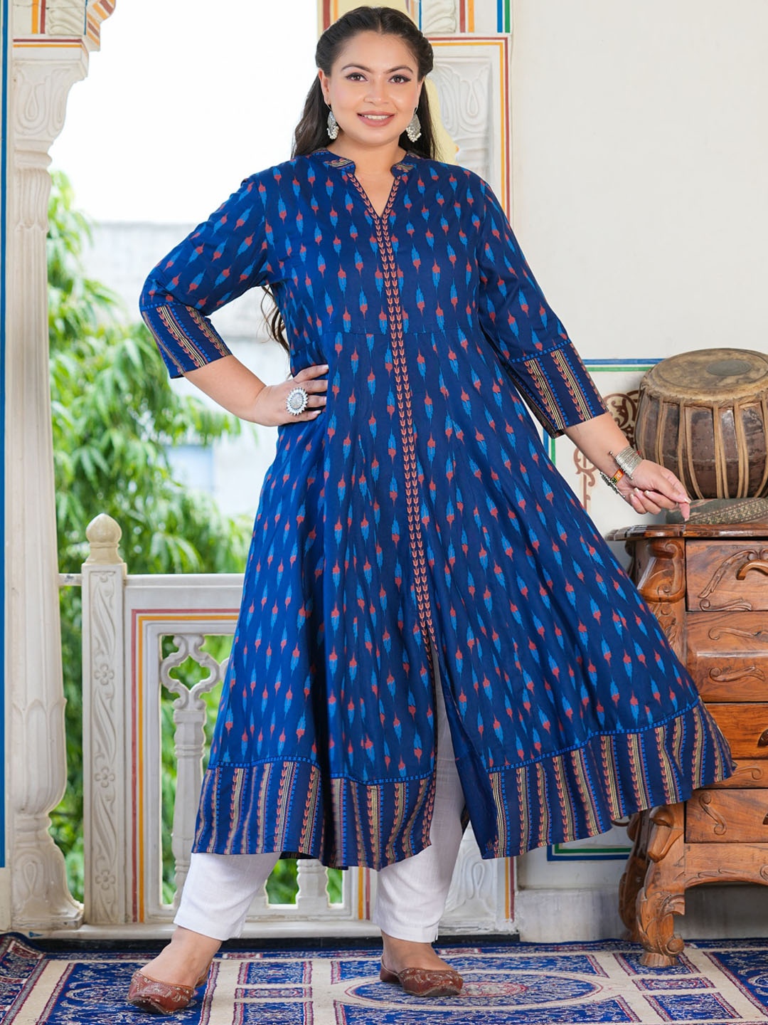 

YASH GALLERY Plus Size Ethnic Motifs Ikat Printed Anarkali Kurta, Blue