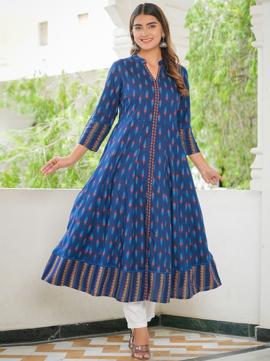 

YASH GALLERY Ethnic Motifs Ikat Printed Anarkali Kurta, Blue