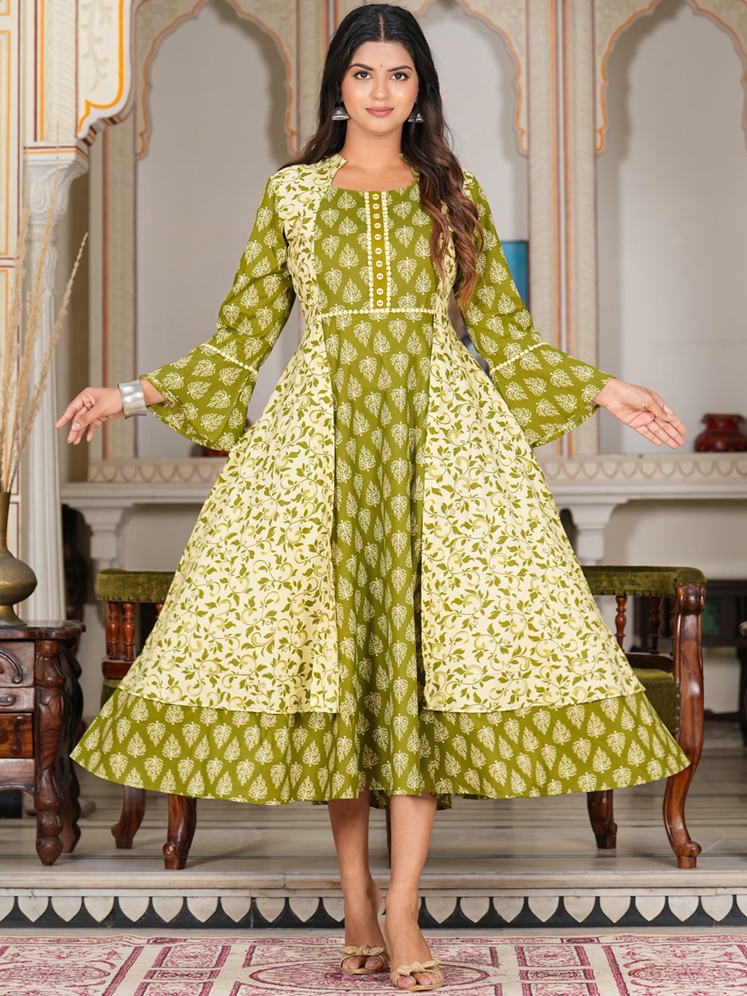 

YASH GALLERY Ethnic Motifs Printed Jacket Style Cotton Fit & Flare Midi Dress, Green