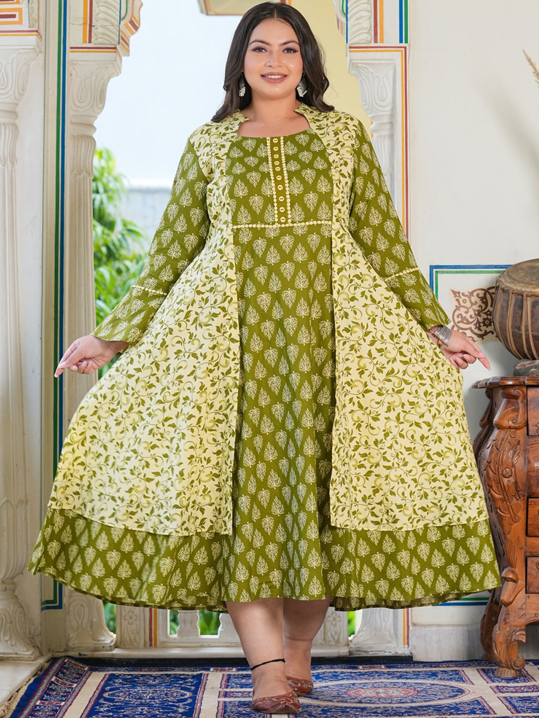 

YASH GALLERY Plus Size Ethnic Motifs Printed Jacket Style Cotton Fit & Flare Midi Dress, Green