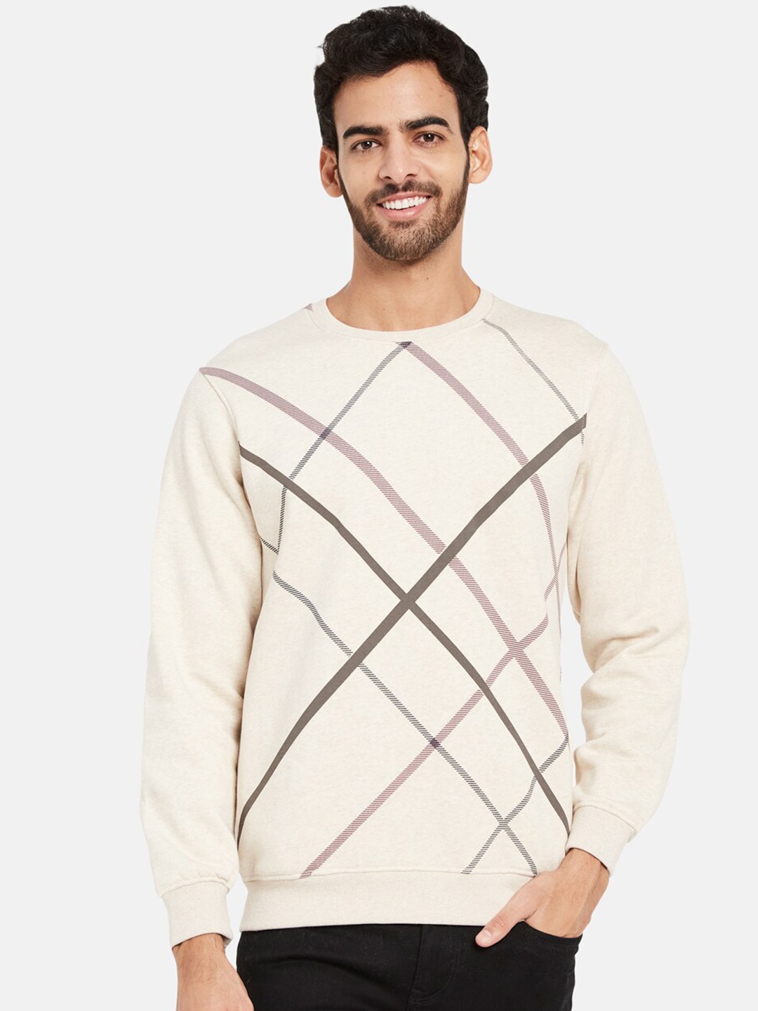 

Octave Geometric Printed Long Sleeves Fleece Pullover, Cream