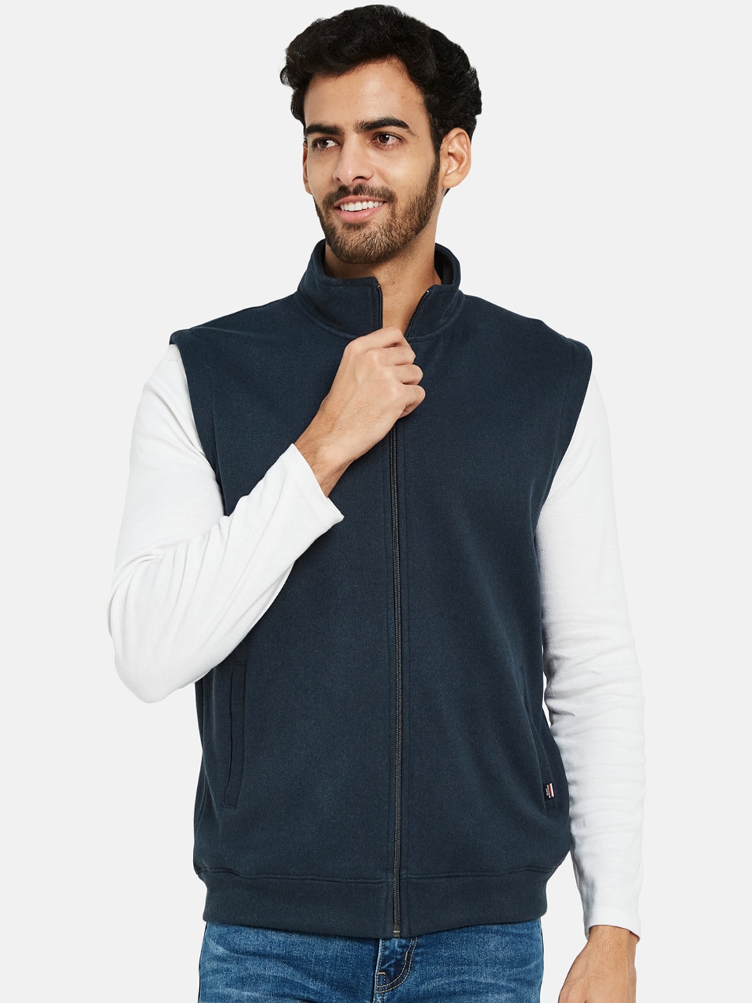 

Octave Mock Collar Sleeveless Front-Open Fleece Sweatshirt, Navy blue