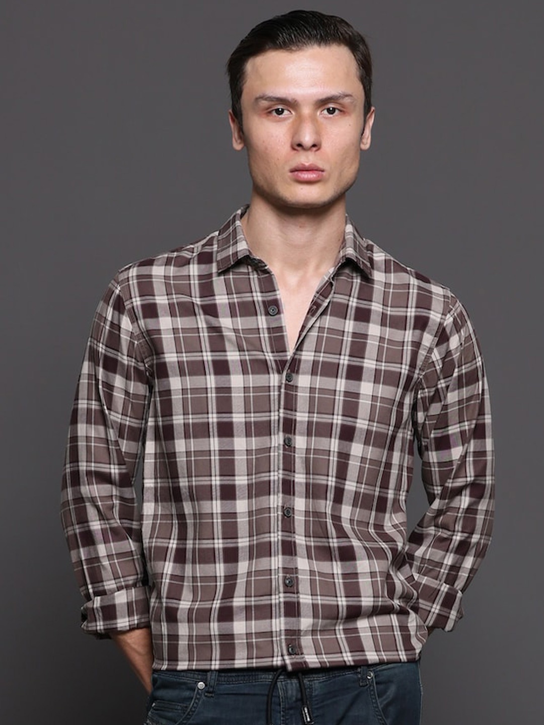 

POE Smart Slim Fit Tartan Checks Checked Pure Cotton Casual Shirt, Brown