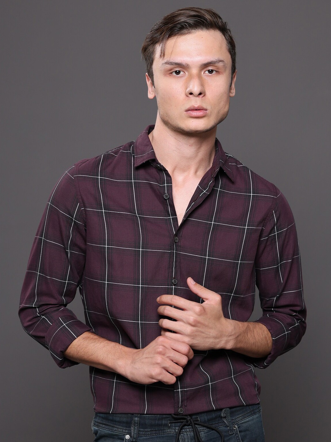 

POE Smart Slim Fit Tartan Checked Pure Cotton Casual Shirt, Maroon