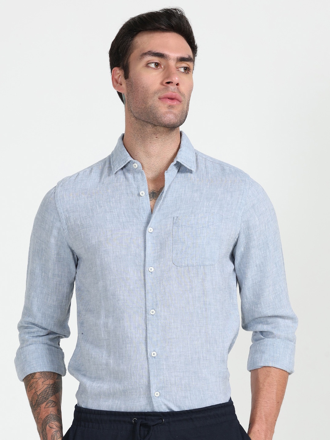 

POE Smart Slim Fit Spread Collar Long Sleeves Casual Shirt, Blue