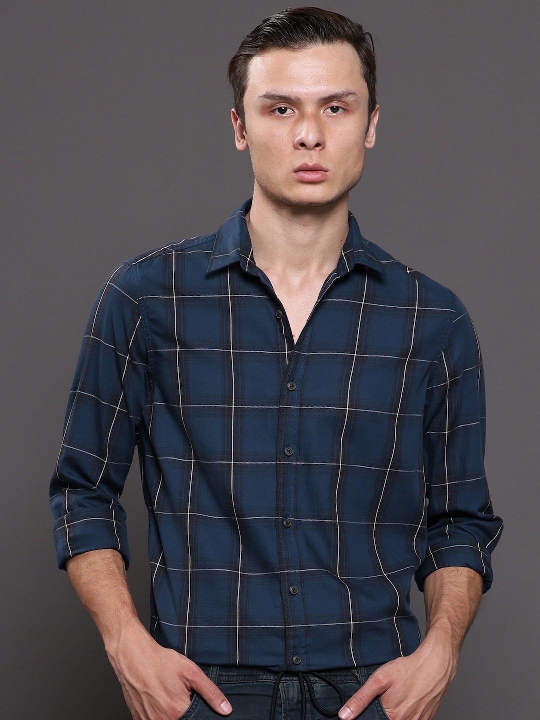 

POE Windowpane Checked Smart Slim Fit Opaque Cotton Casual Shirt, Blue