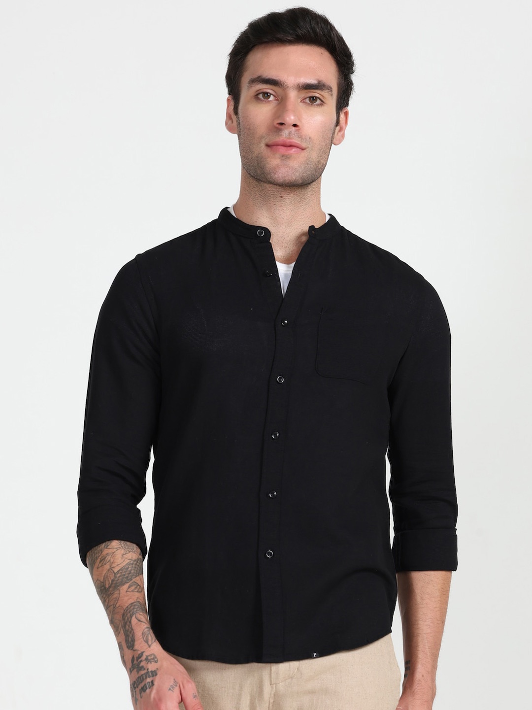 

POE Smart Slim Fit Band Collar Casual Shirt, Black