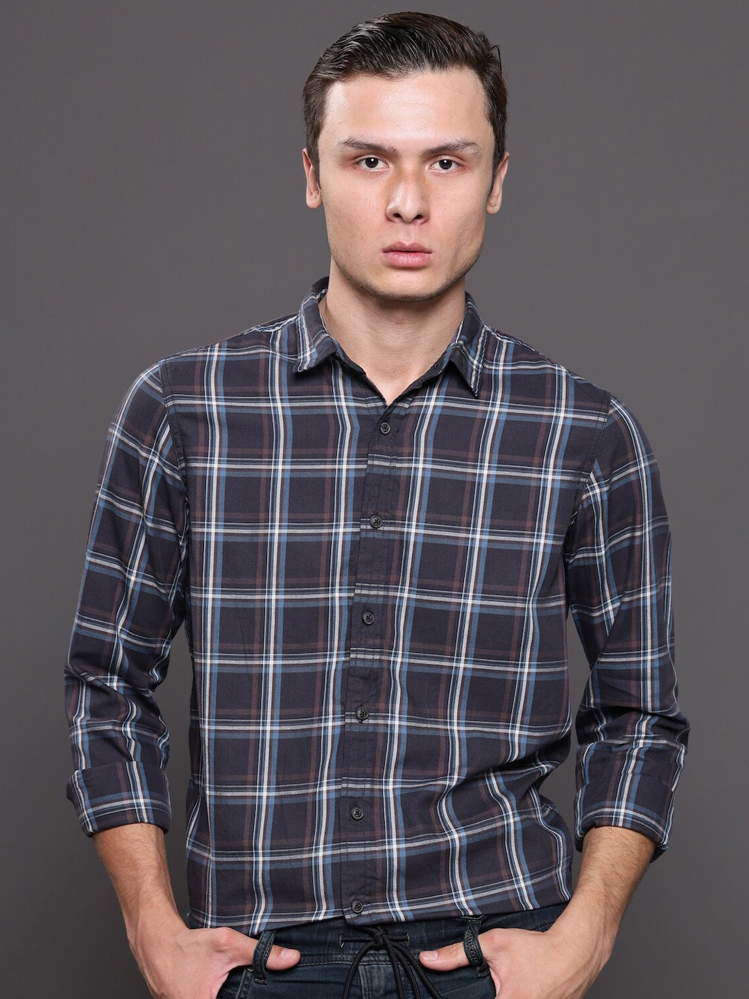

POE Smart Slim Fit Windowpane Checked Pure Cotton Casual Shirt, Blue