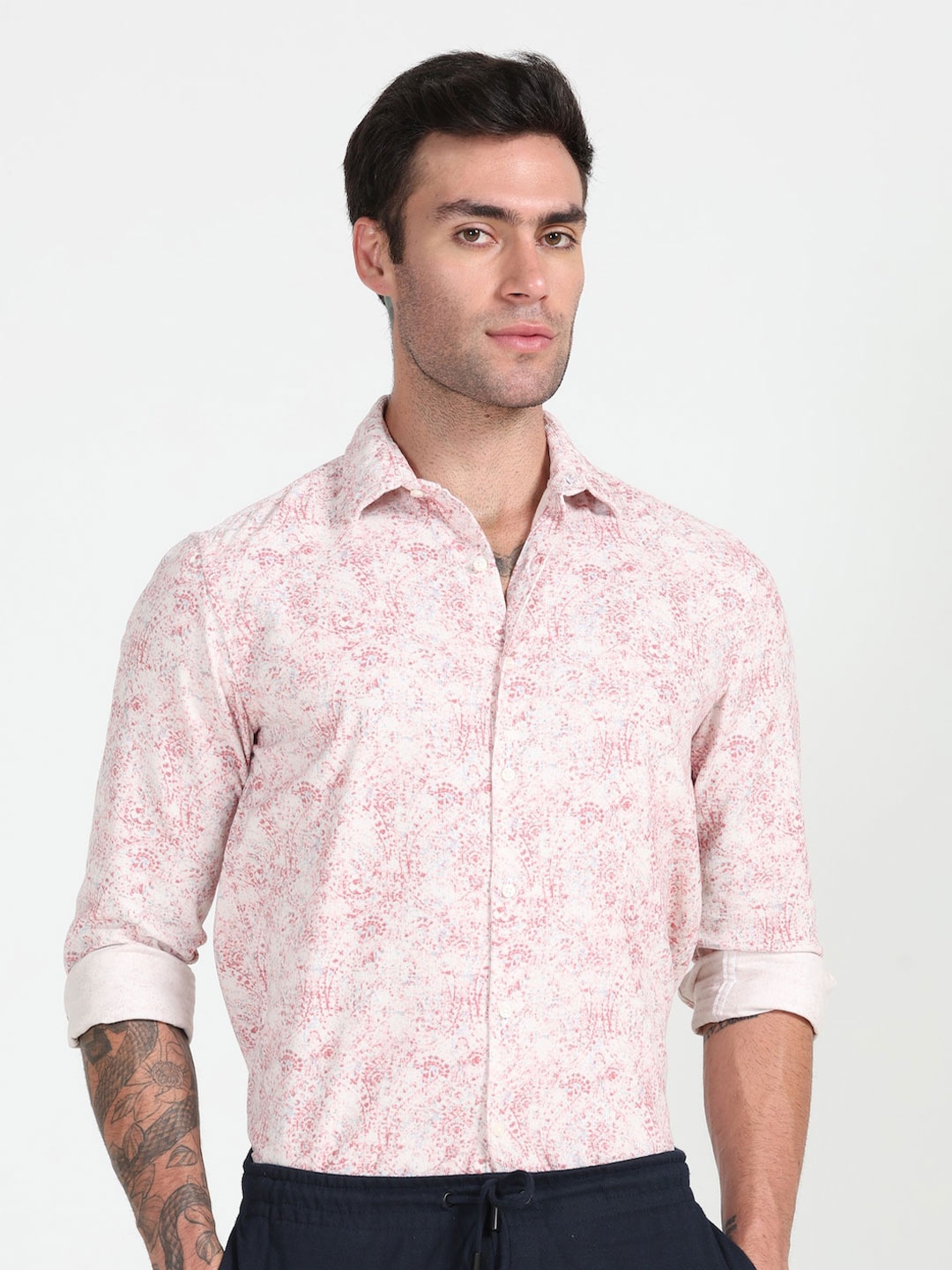 

POE Smart Slim Fit Abstract Printed Casual Shirt, Pink