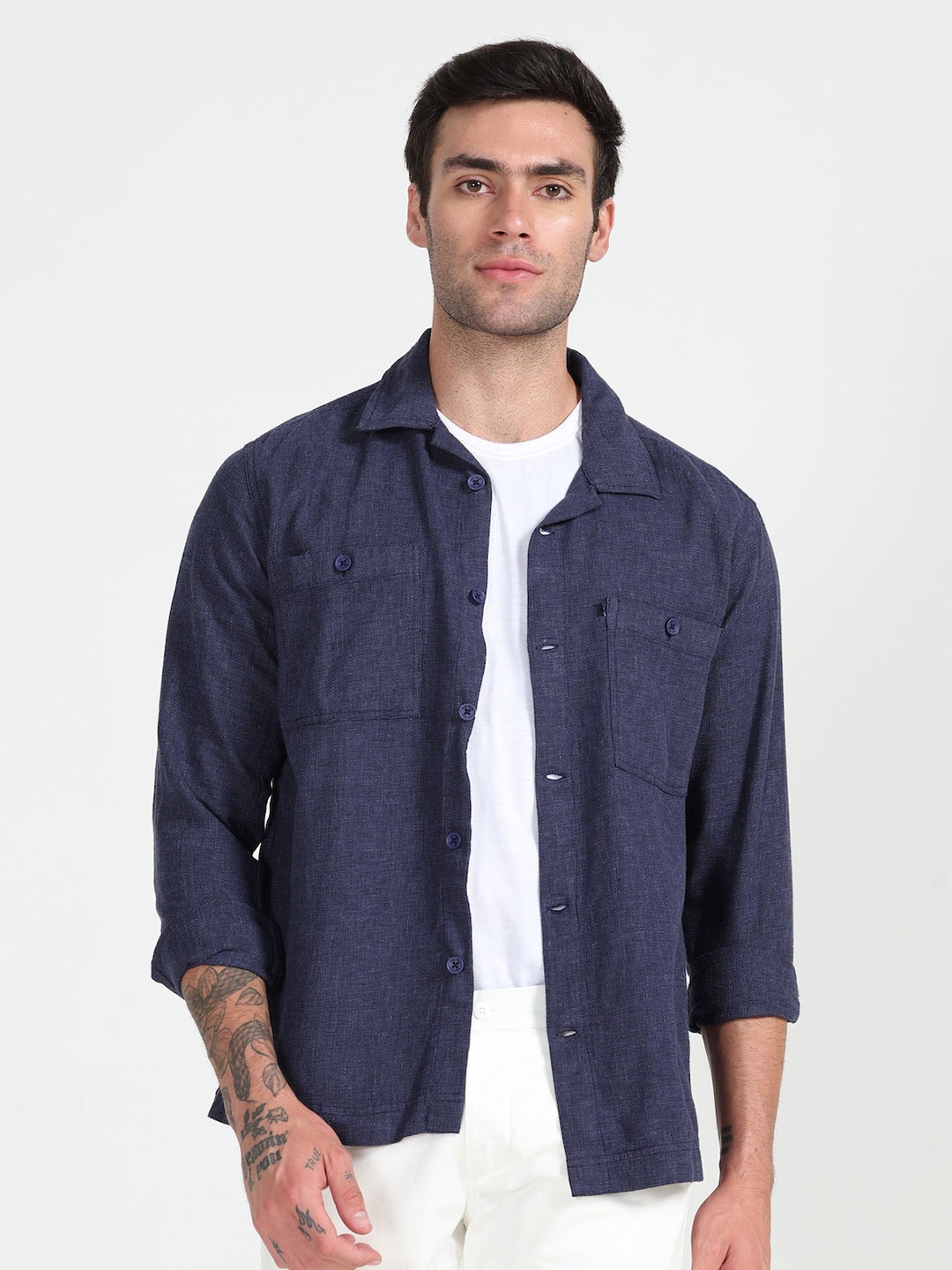 

POE Smart Slim Fit Cuban Collar Pure Cotton Casual Shirt, Navy blue