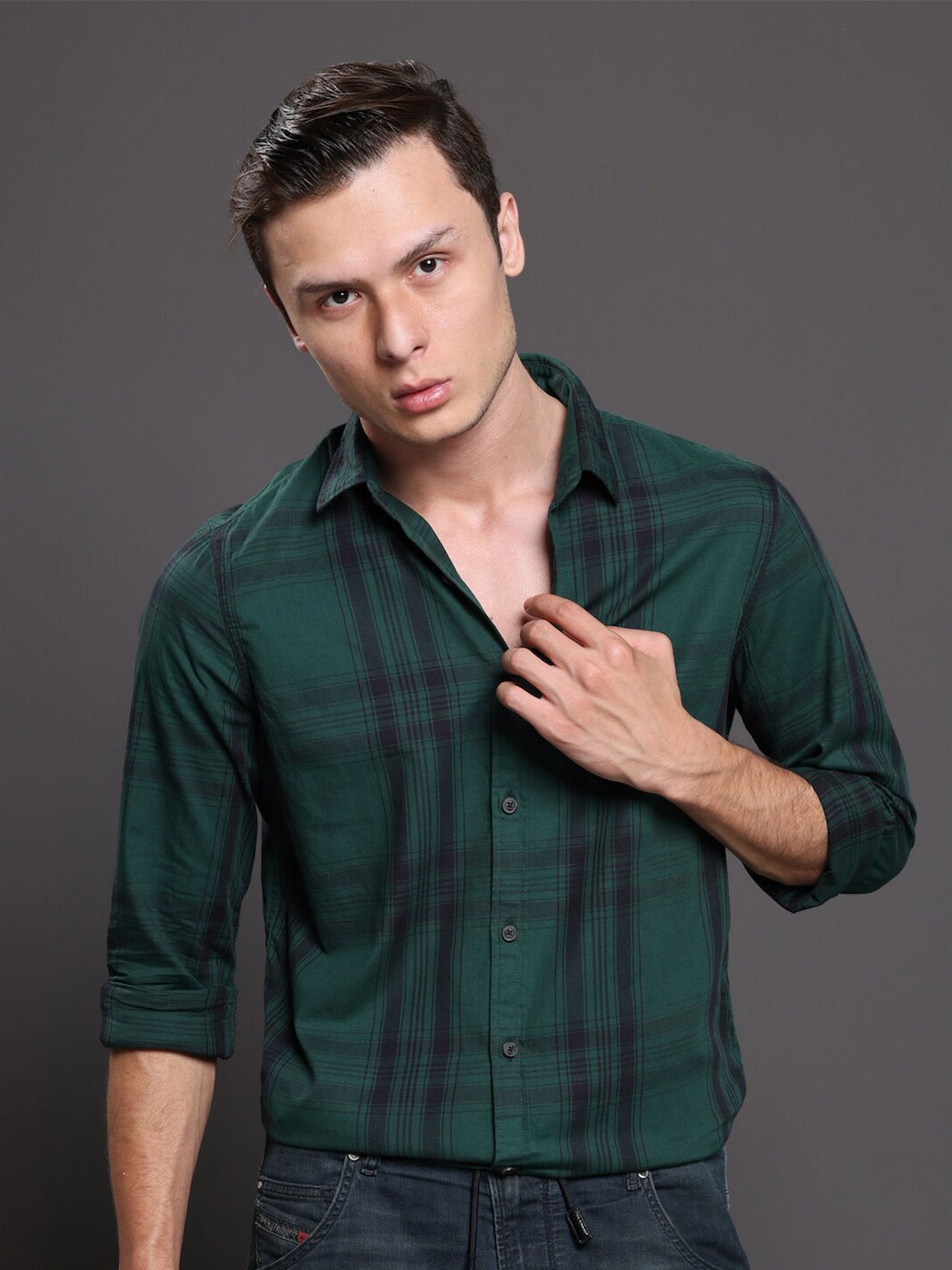 

POE Smart Slim Fit Tartan Checks Cotton Casual Shirt, Green